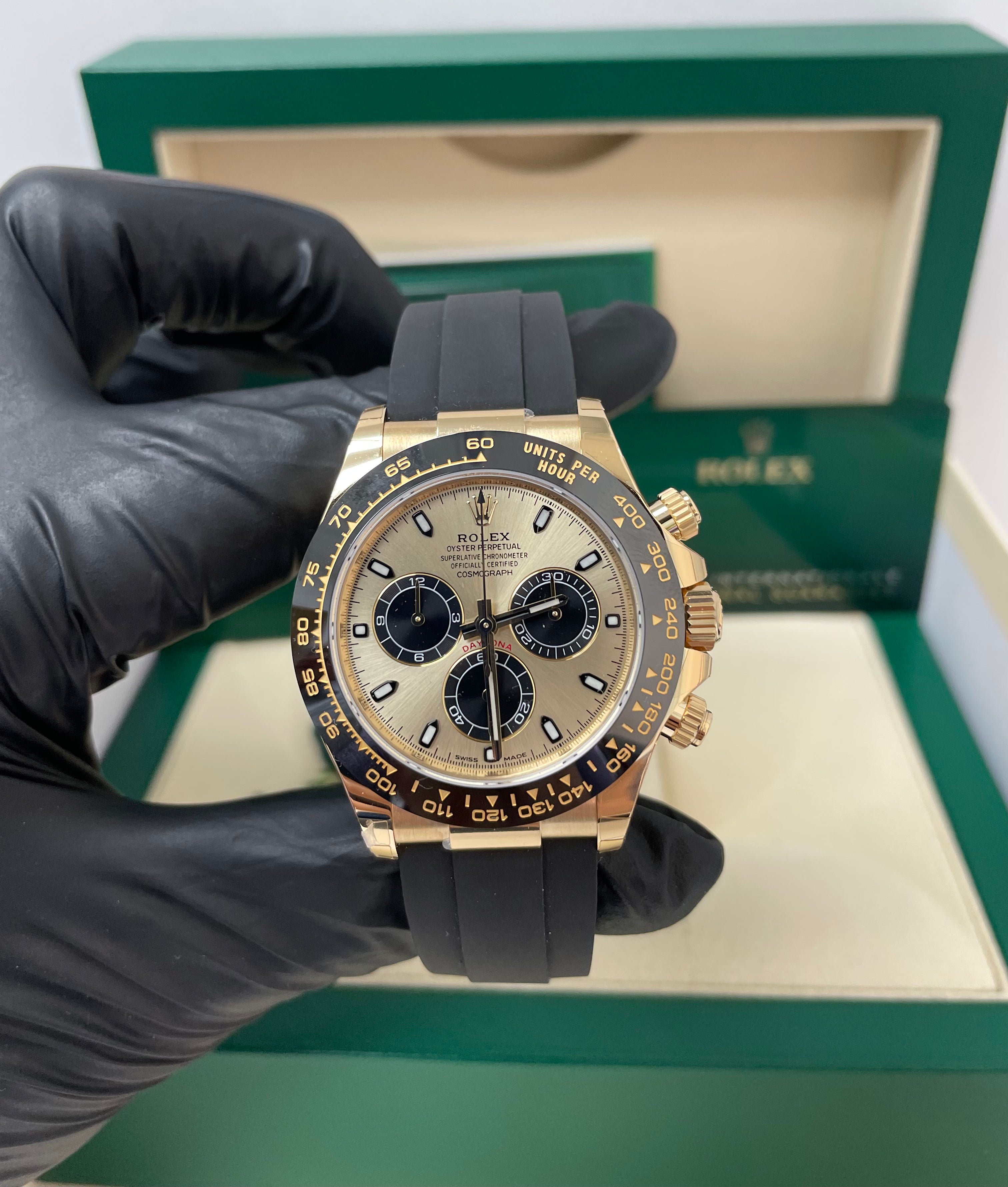 Rolex Daytona 40mm Champagne Dial with Black Subdials/ Black Oysterflex Strap (Reference # 116518LN)