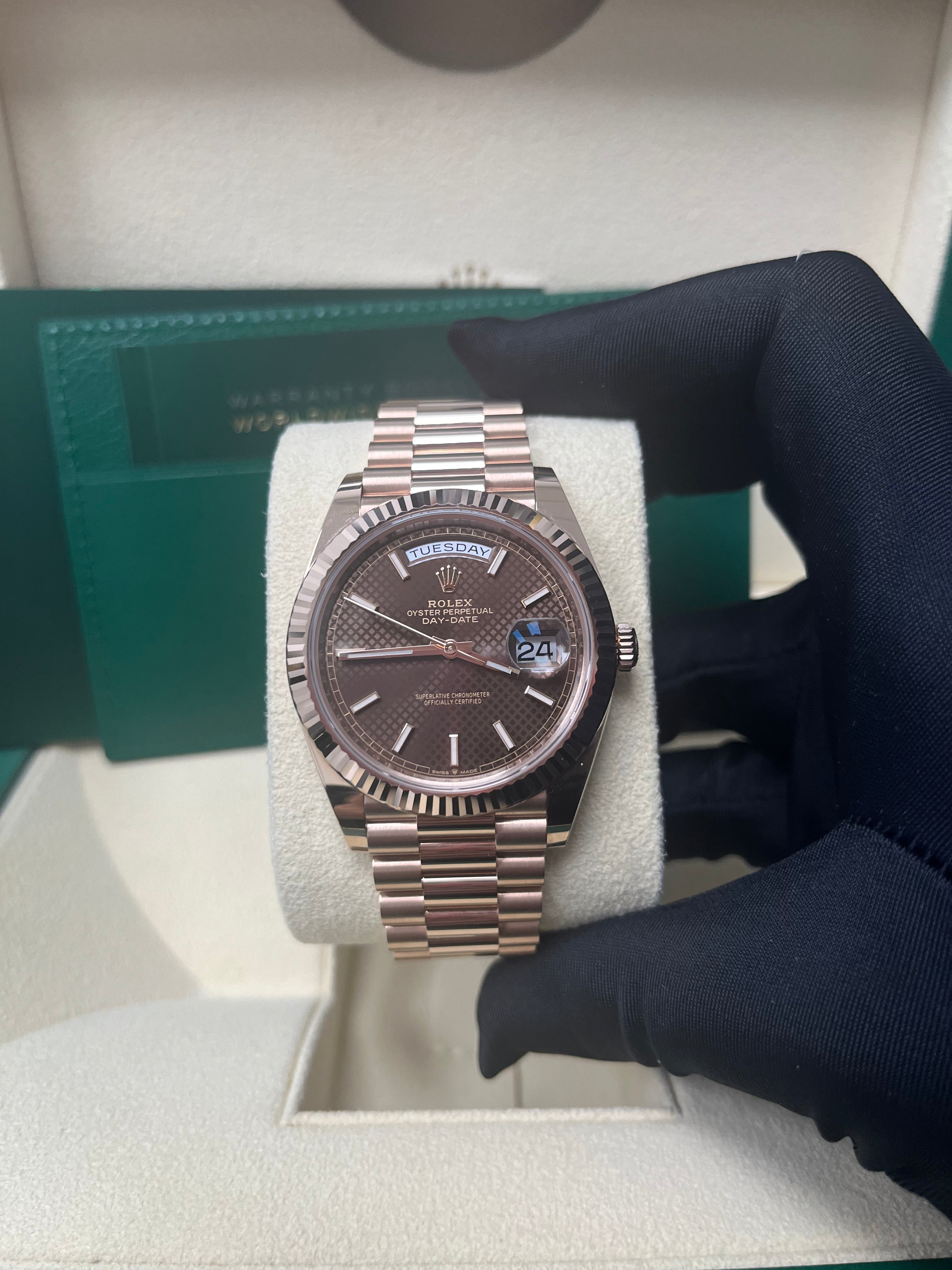 Rolex Day-date 40 Fluted Bezel Chocolate Diagonal Motif Index Dial President Bracelet (Ref # 228235)