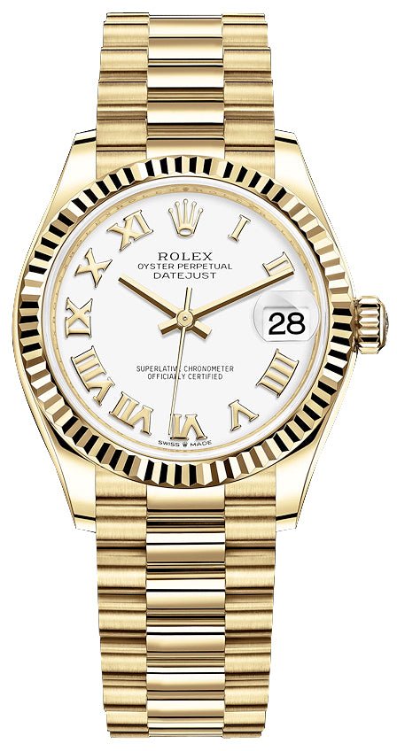 Rolex Datejust 31mm Yellow Gold 278278 White Roman Dial Ladies President Bracelet