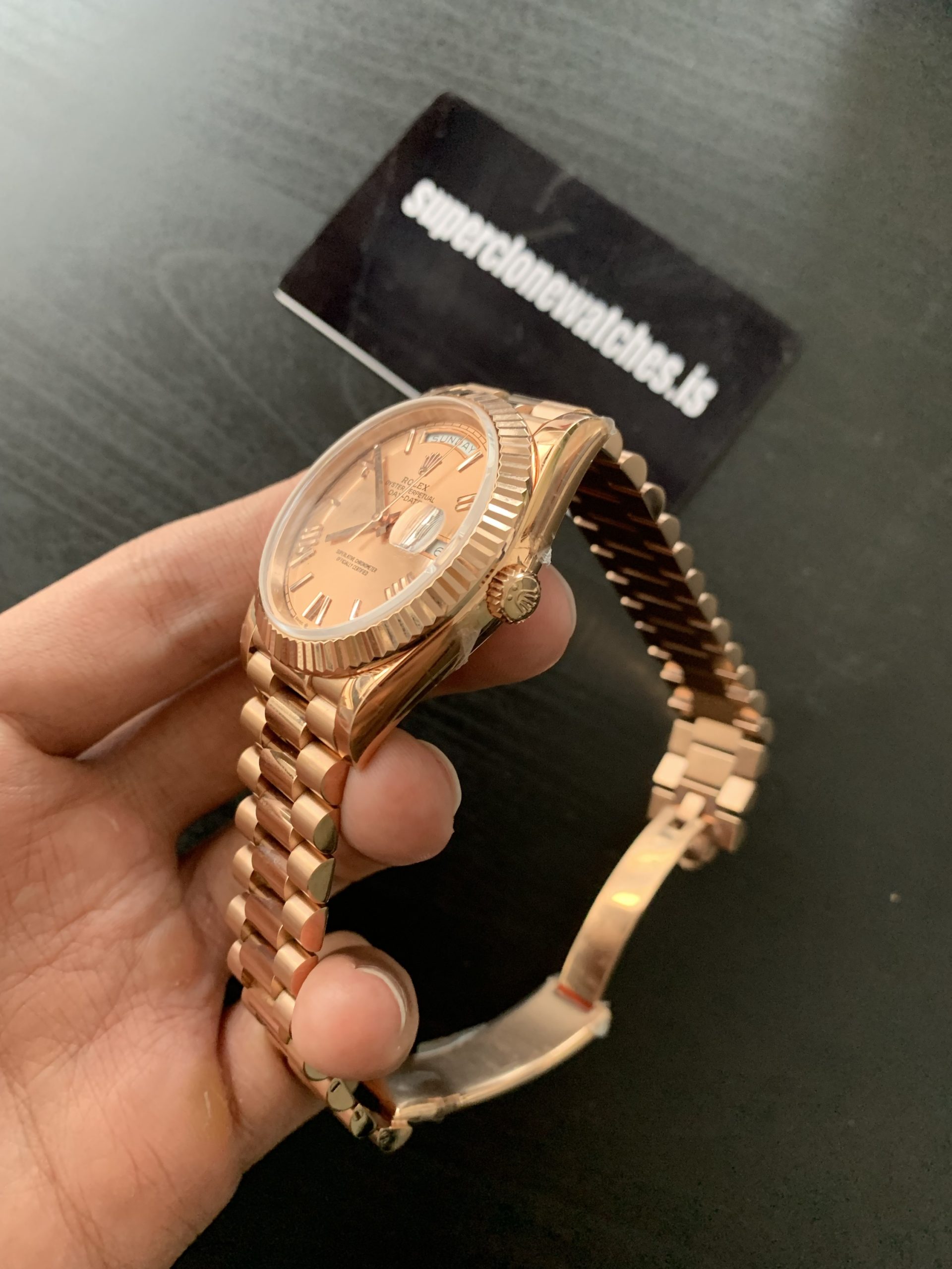 Clone Rolex Day Date 40 Rose Gold Sun Dust Dial