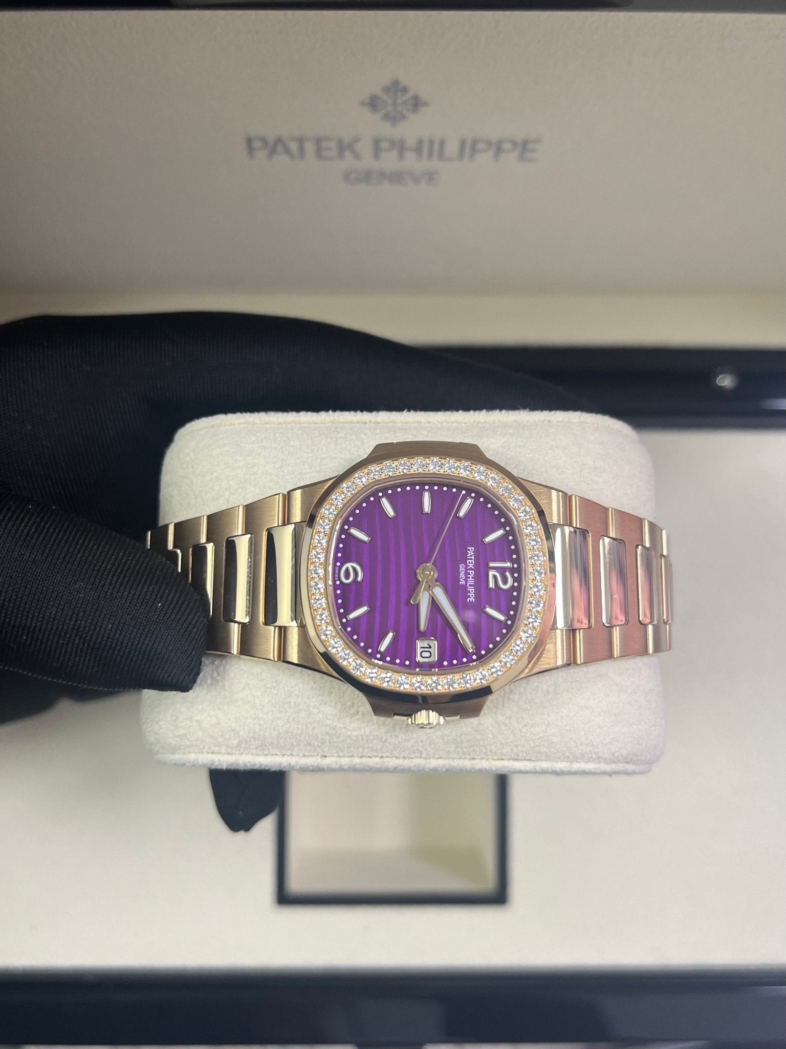 Patek Philippe Nautilus 32mm Diamond Bezel Rose Gold Purple Wave Dial 7010/1R-013