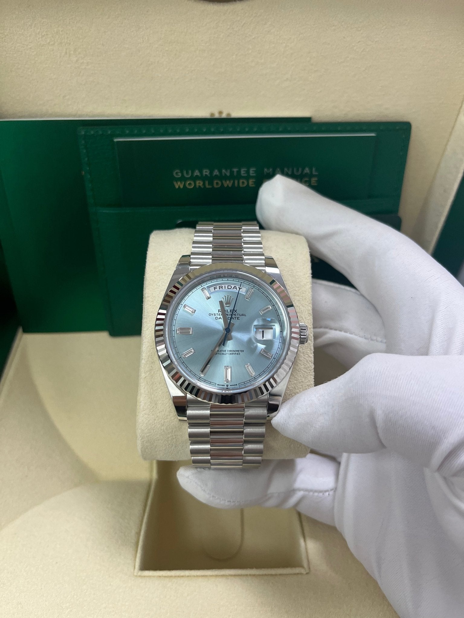 Rolex Day-Date 40 Platinum Day-Date 40 Watch - Fluted Bezel - Ice Blue Baguette Dial 228236