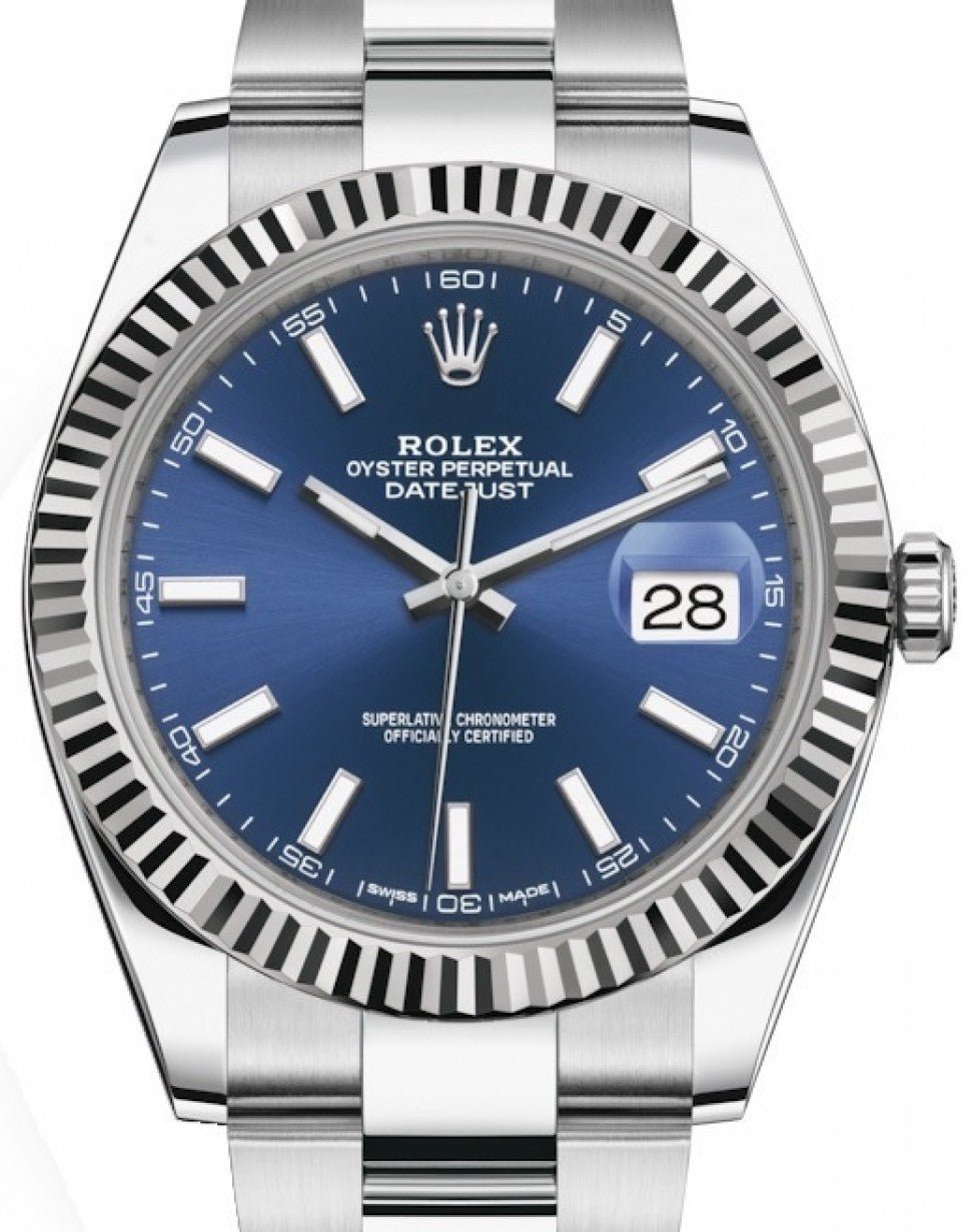 Rolex Datejust 41 White Gold and Steel Blue Index Oyster Fluted Bezel (Ref#126334)