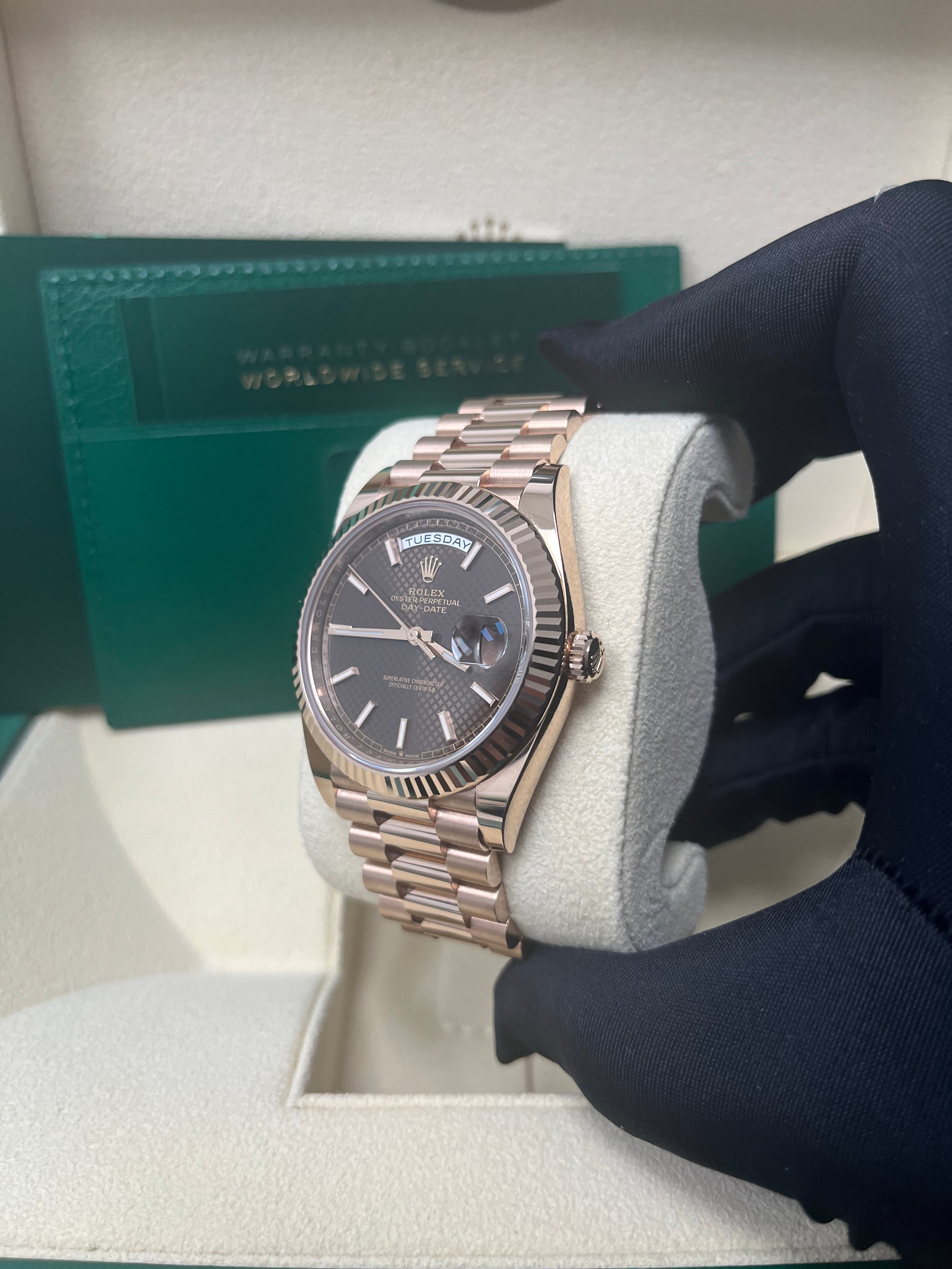 Rolex Day-date 40 Fluted Bezel Chocolate Diagonal Motif Index Dial President Bracelet (Ref # 228235)