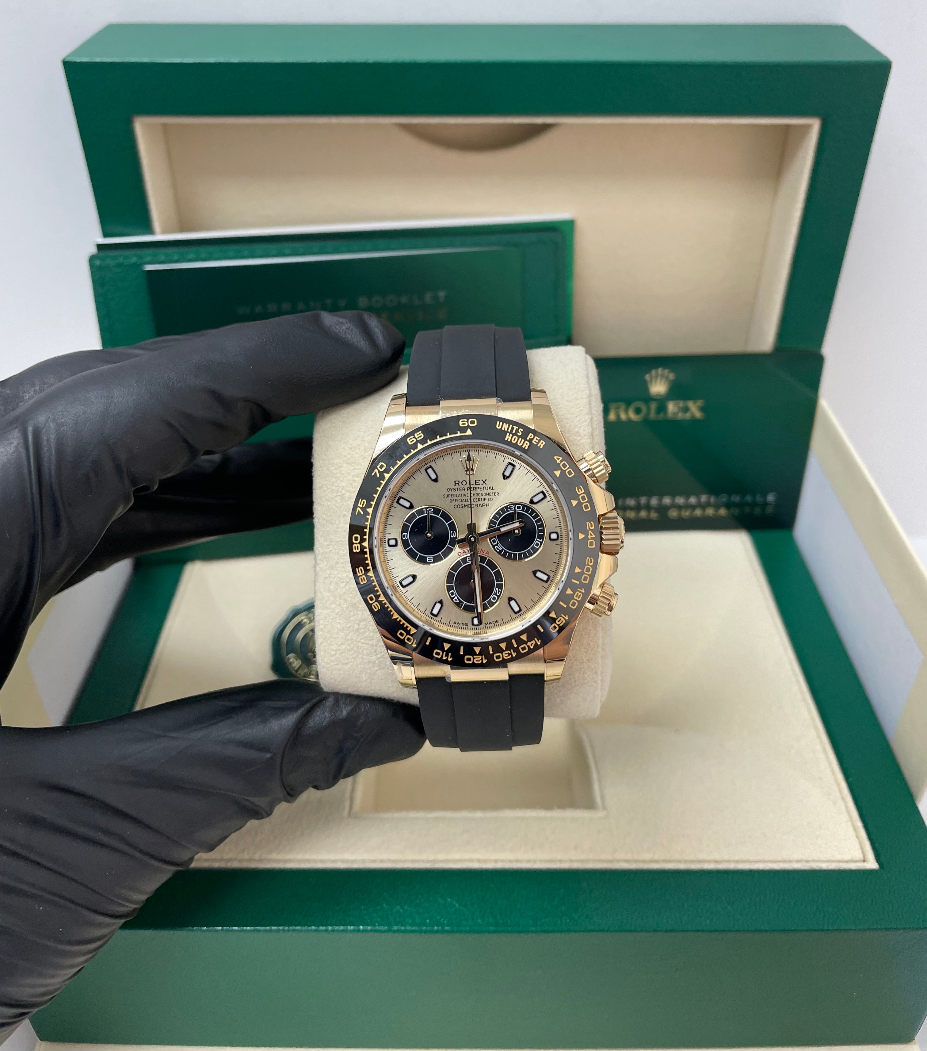 Rolex Daytona 40mm Champagne Dial with Black Subdials/ Black Oysterflex Strap (Reference # 116518LN)
