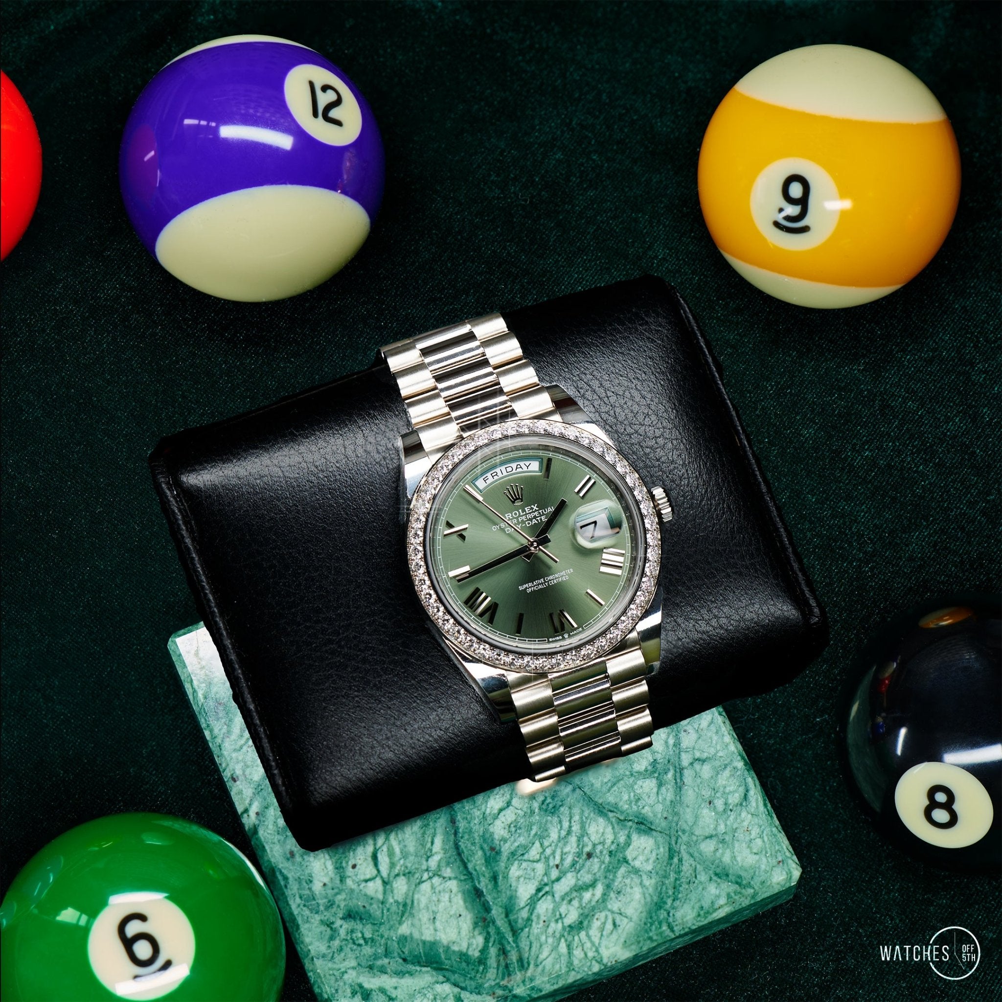 Rolex White Gold Day-Date 40 Watch - Bezel - Olive Green Bevelled Roman Dial - President Bracelet (Ref# 228349RBR)