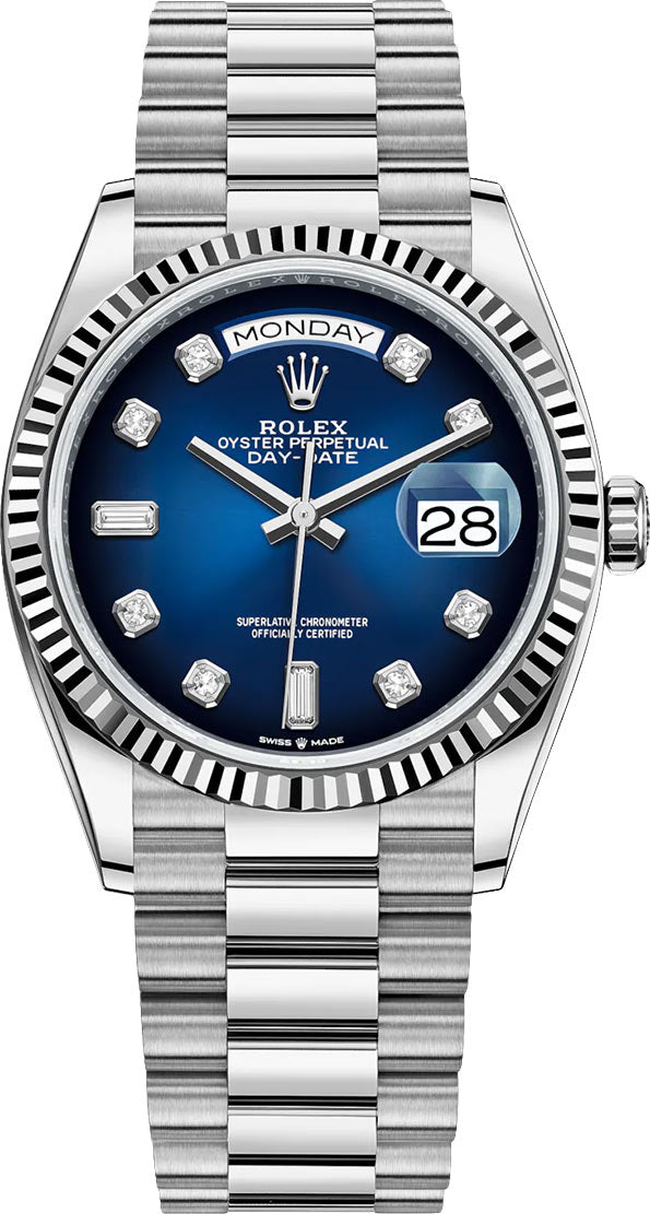 Rolex White Gold Day-Date 36 Watch - Fluted Bezel - Blue Ombre�� Diamond Dial - President Bracelet (Ref # 128239)