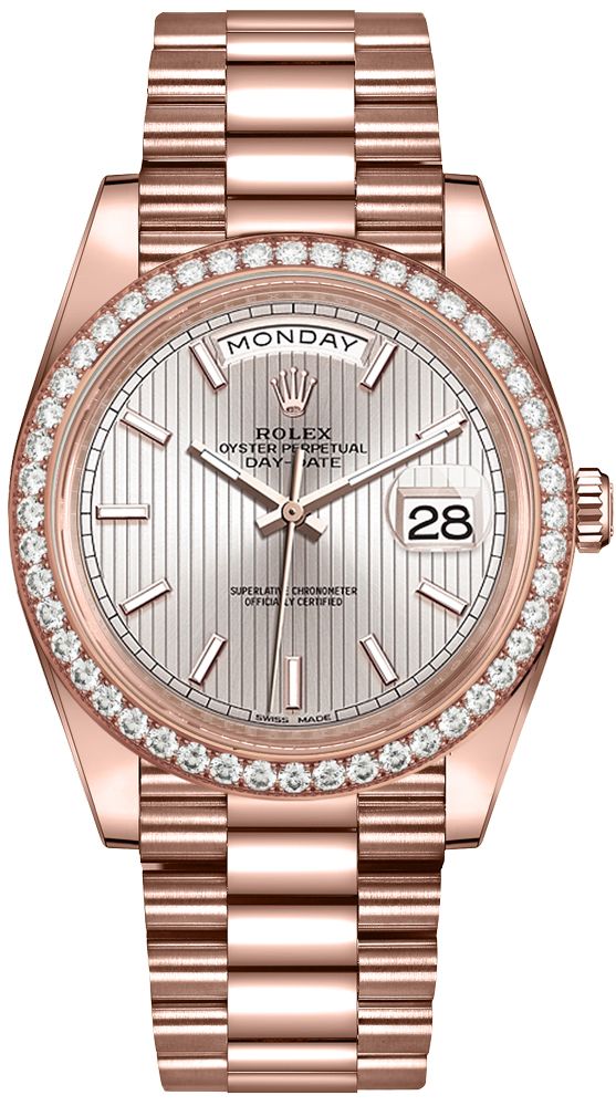 Rolex Everose Gold Day-Date 40 Watch - Everose Gold Bezel - Sundust Strip Motif Index Dial - President Bracelet (Ref# 228345RBR)