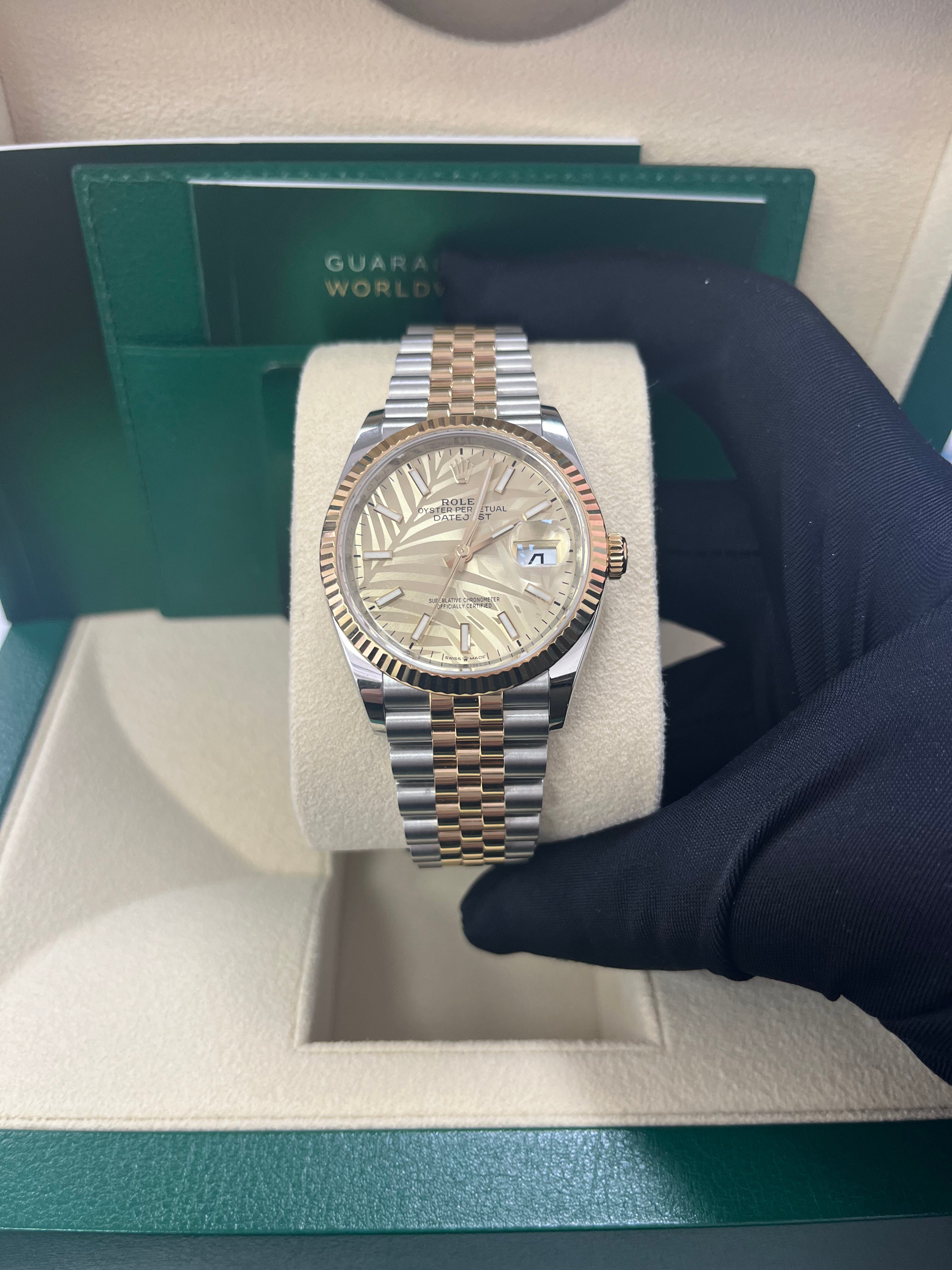 Rolex Datejust 36mm Steel and Yellow Gold Fluted Palm Dial Jubilee Bracelet (Ref# 126233)