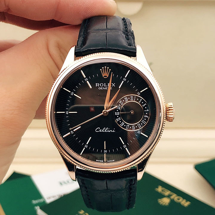 Rolex Cellini Date Watch 39mm rose gold black dial m50515-0011