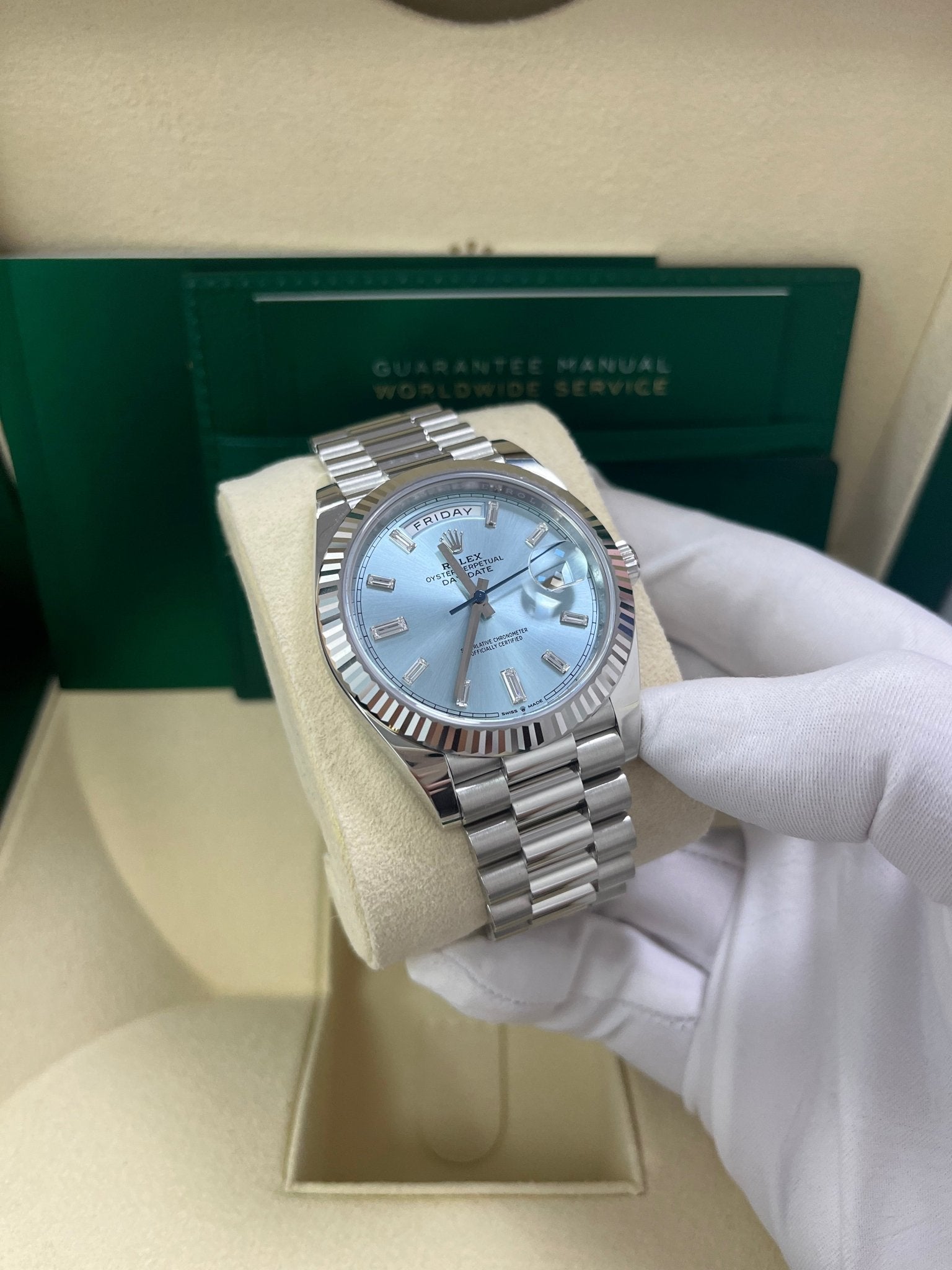 Rolex Day-Date 40 Platinum Day-Date 40 Watch - Fluted Bezel - Ice Blue Baguette Dial 228236