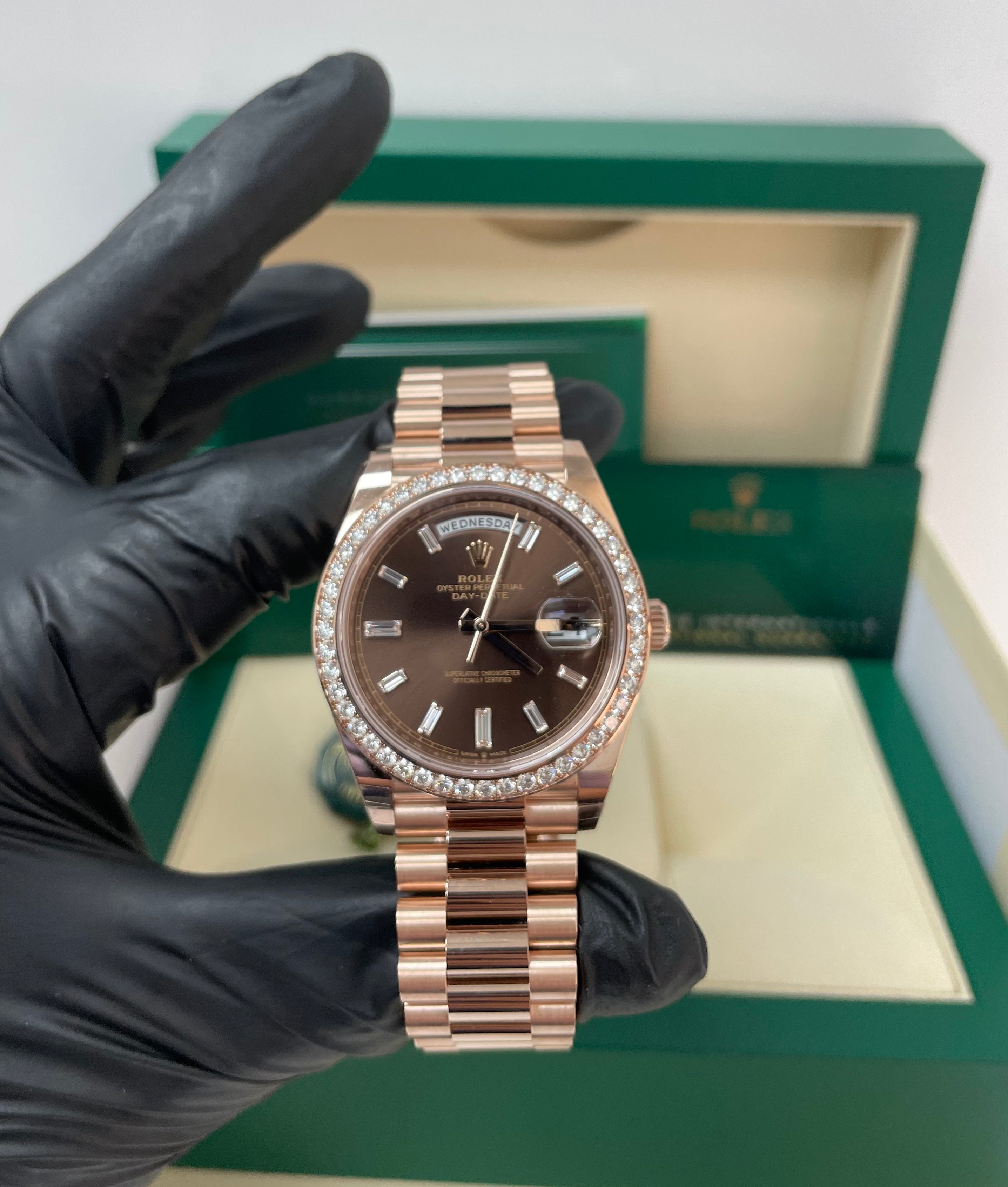 Rolex Everose Gold Day-Date 40 Watch - Everose Gold Bezel - Chocolate Baguette Diamond Dial - President Bracelet (REF#228345RBR)