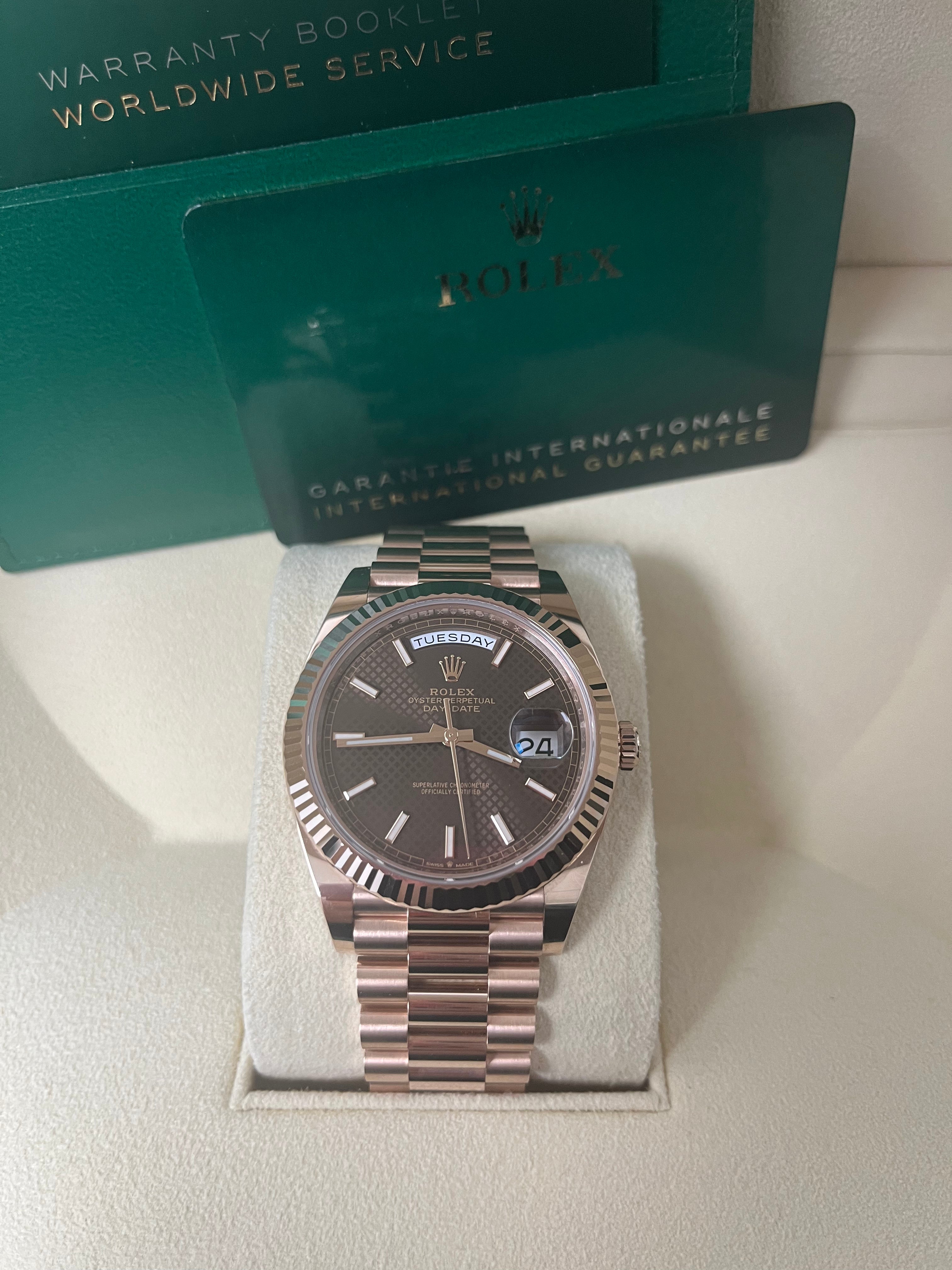 Rolex Day-date 40 Fluted Bezel Chocolate Diagonal Motif Index Dial President Bracelet (Ref # 228235)