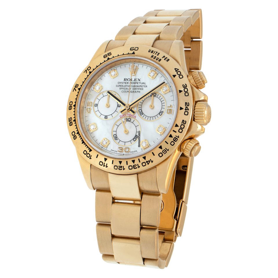 Rolex Daytona Yellow Gold Mother of Pearl Diamond Dial Mens Watch 116528 Box Card