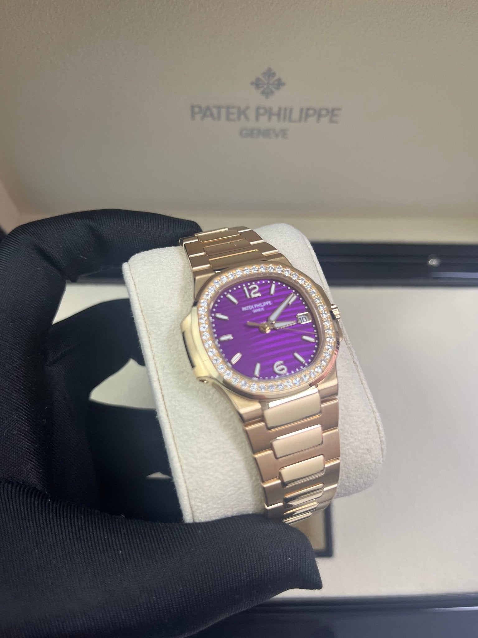 Patek Philippe Nautilus 32mm Diamond Bezel Rose Gold Purple Wave Dial 7010/1R-013