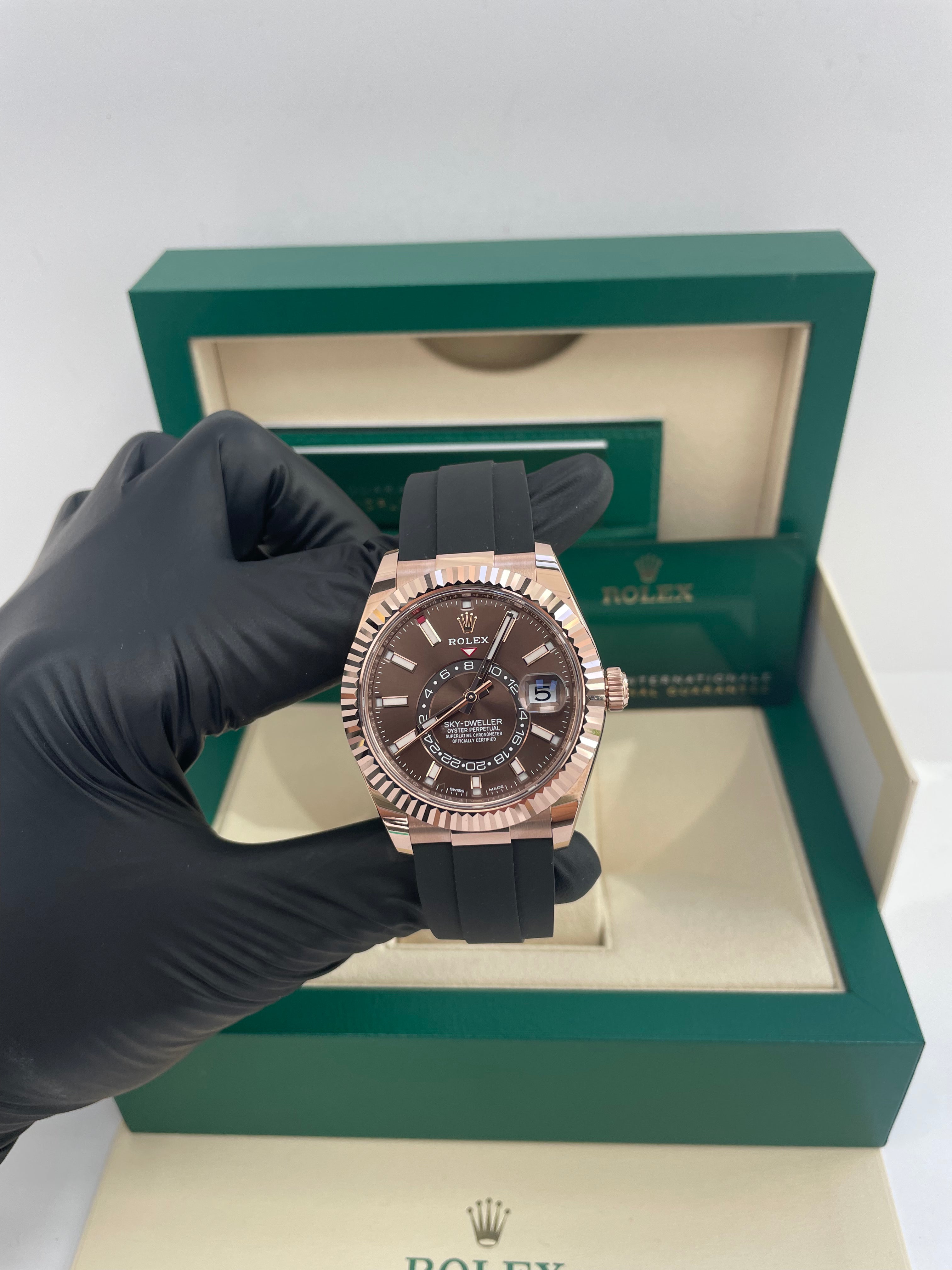 Rolex Sky-Dweller 42mm/ Rose Gold/ Chocolate Index Dial/ Oysterflex Bracelet (Ref # 326235)