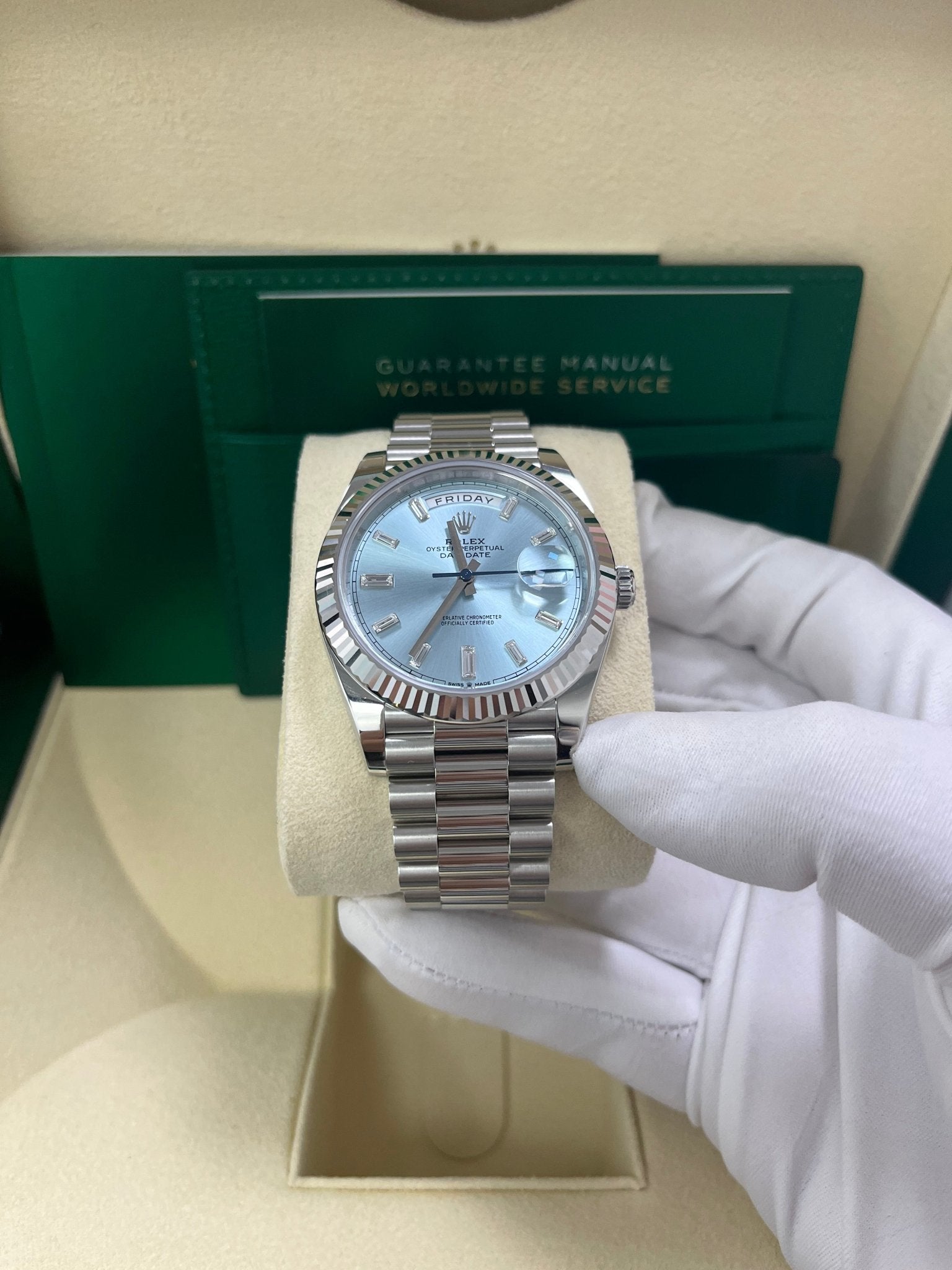 Rolex Day-Date 40 Platinum Day-Date 40 Watch - Fluted Bezel - Ice Blue Baguette Dial 228236