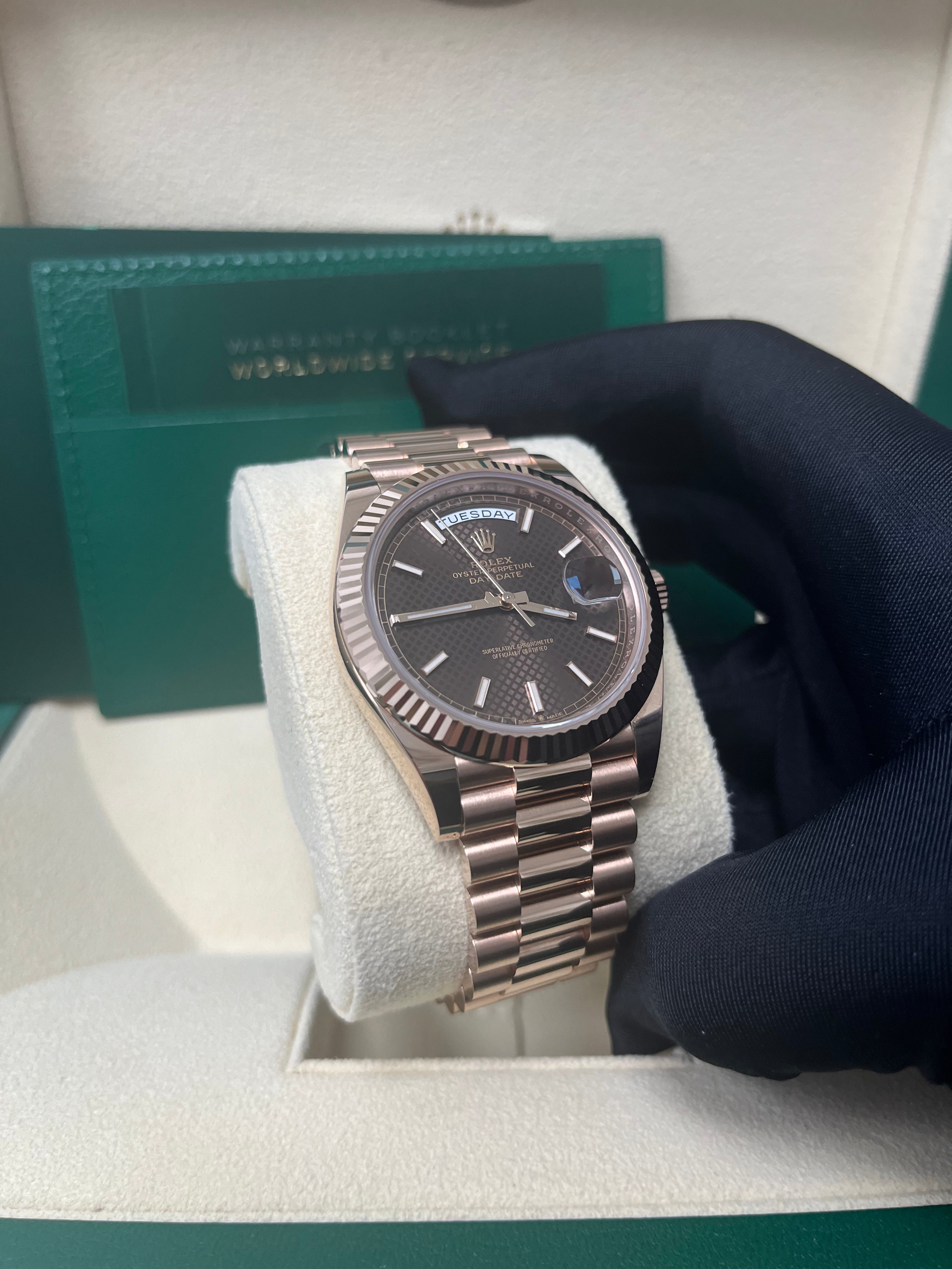 Rolex Day-date 40 Fluted Bezel Chocolate Diagonal Motif Index Dial President Bracelet (Ref # 228235)