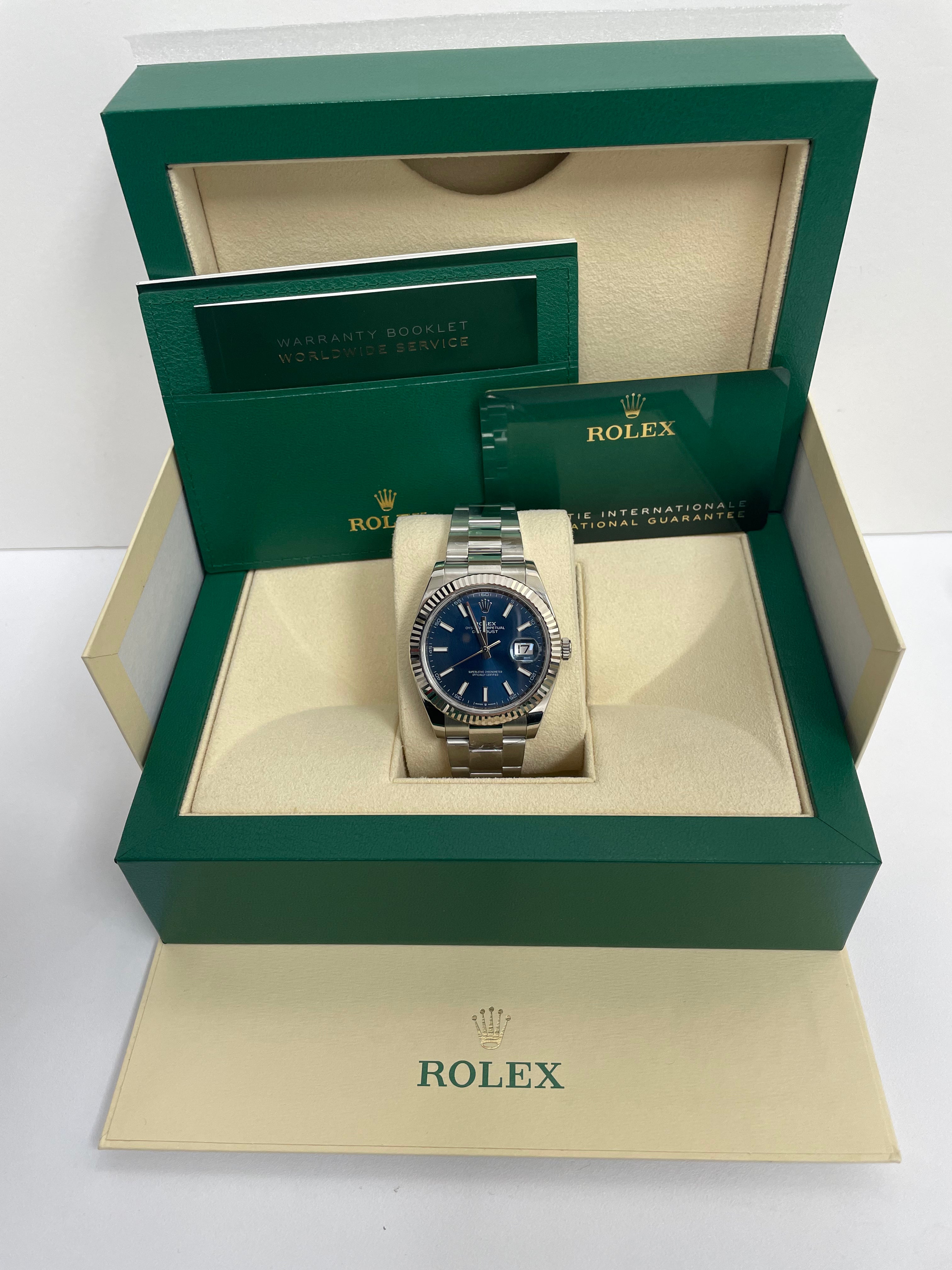 Rolex Datejust 41 White Gold and Steel Blue Index Oyster Fluted Bezel (Ref#126334)