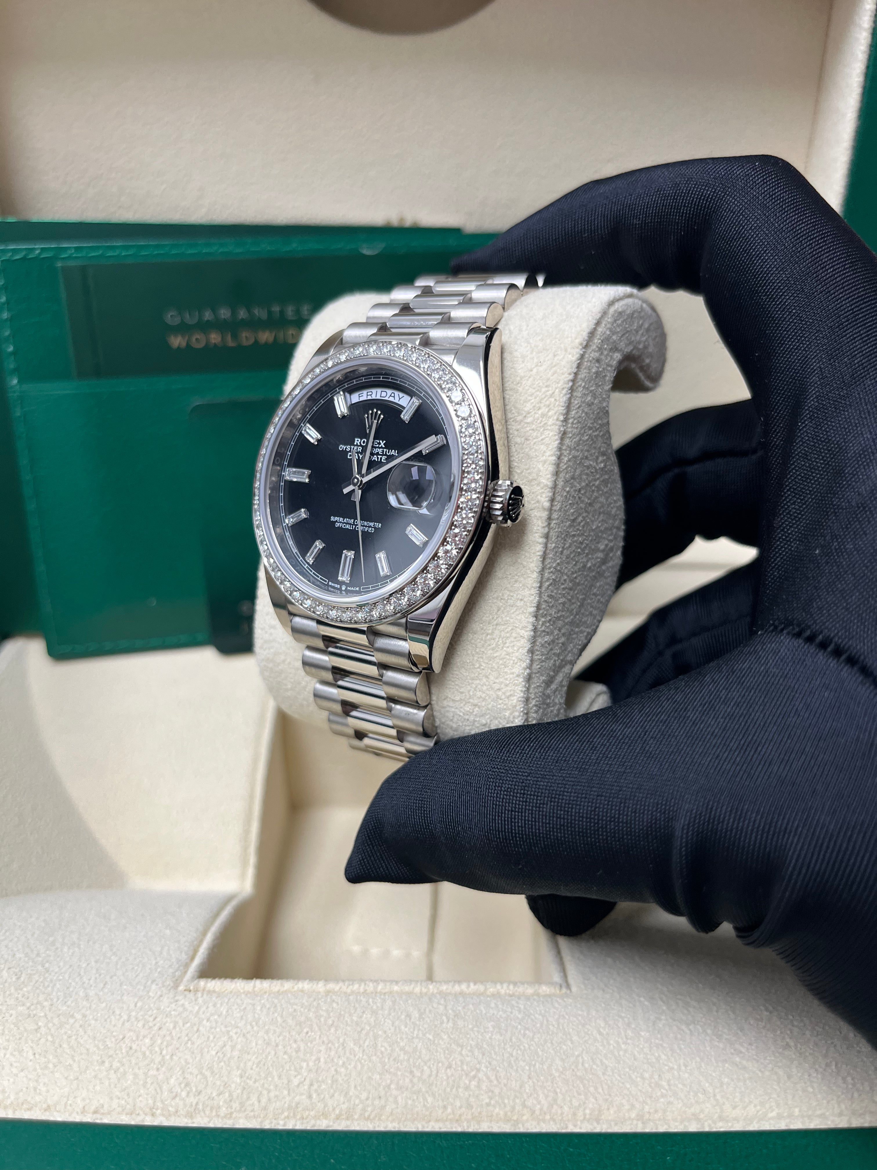 Rolex Day-Date 40 White Gold Day-Date 40 Watch - White Gold Bezel - Black Baguette Diamond Dial 228349RBR