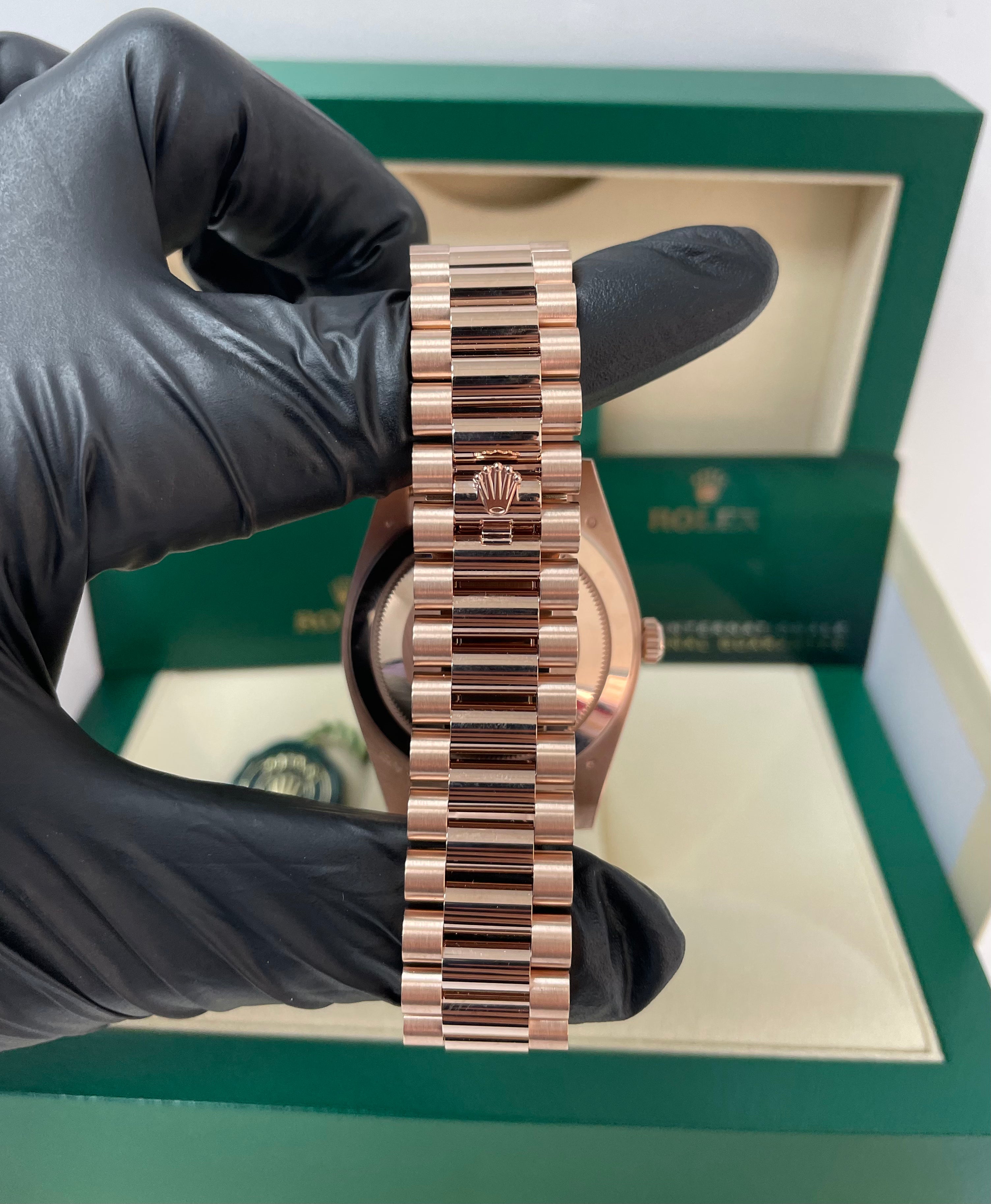 Rolex Everose Gold Day-Date 40 Watch - Everose Gold Bezel - Olive Green Bevelled Roman Dial - President Bracelet (Ref# 228345RBR)