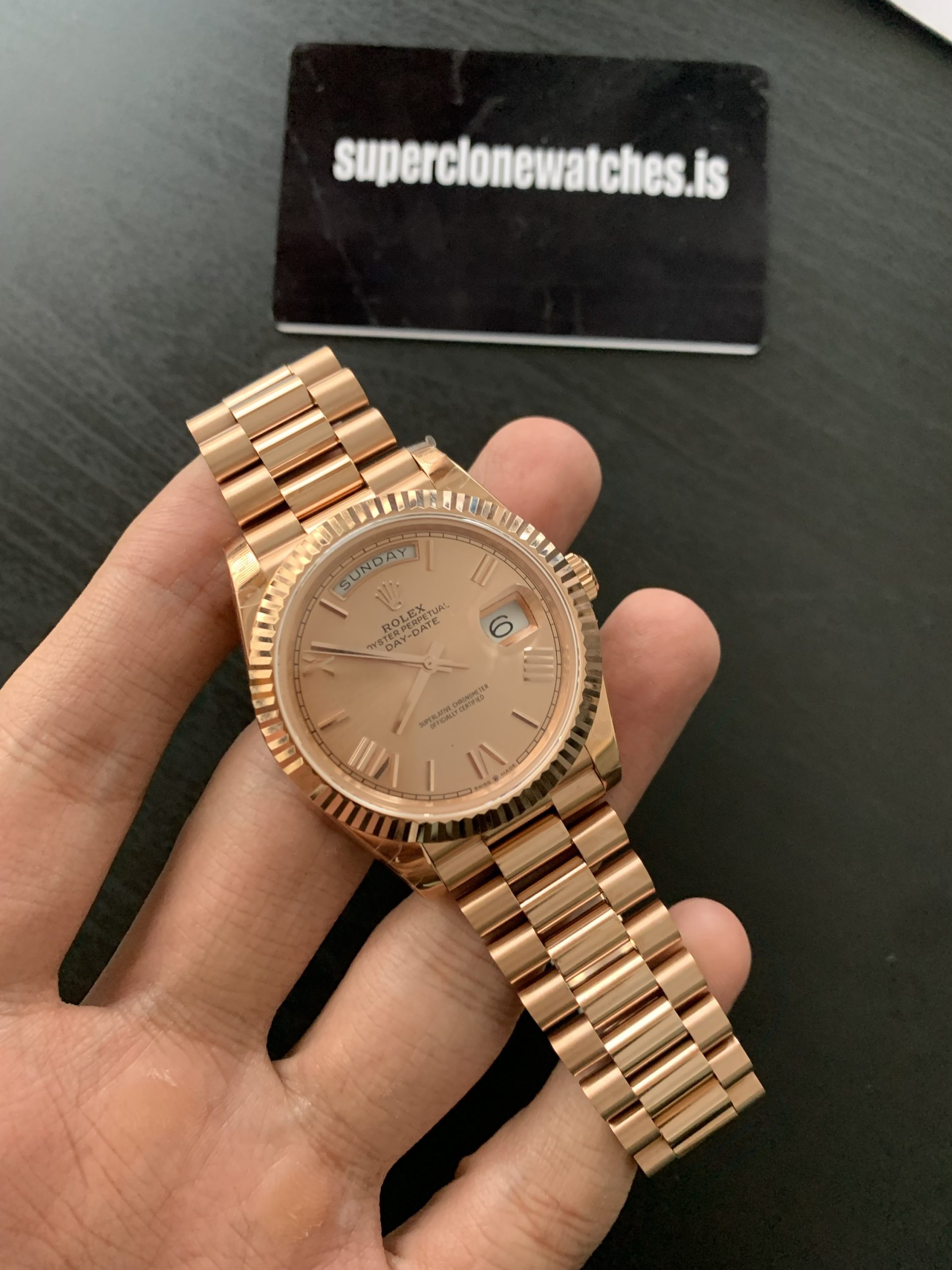 Clone Rolex Day Date 40 Rose Gold Sun Dust Dial