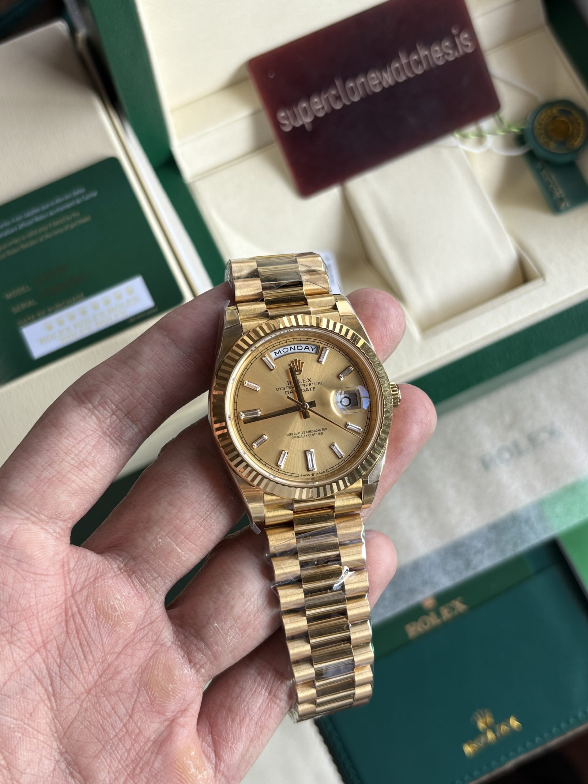 Rolex Day-Date 40 Yellow Gold Champagne Dial Baguette Diamond Hour Markers Clone
