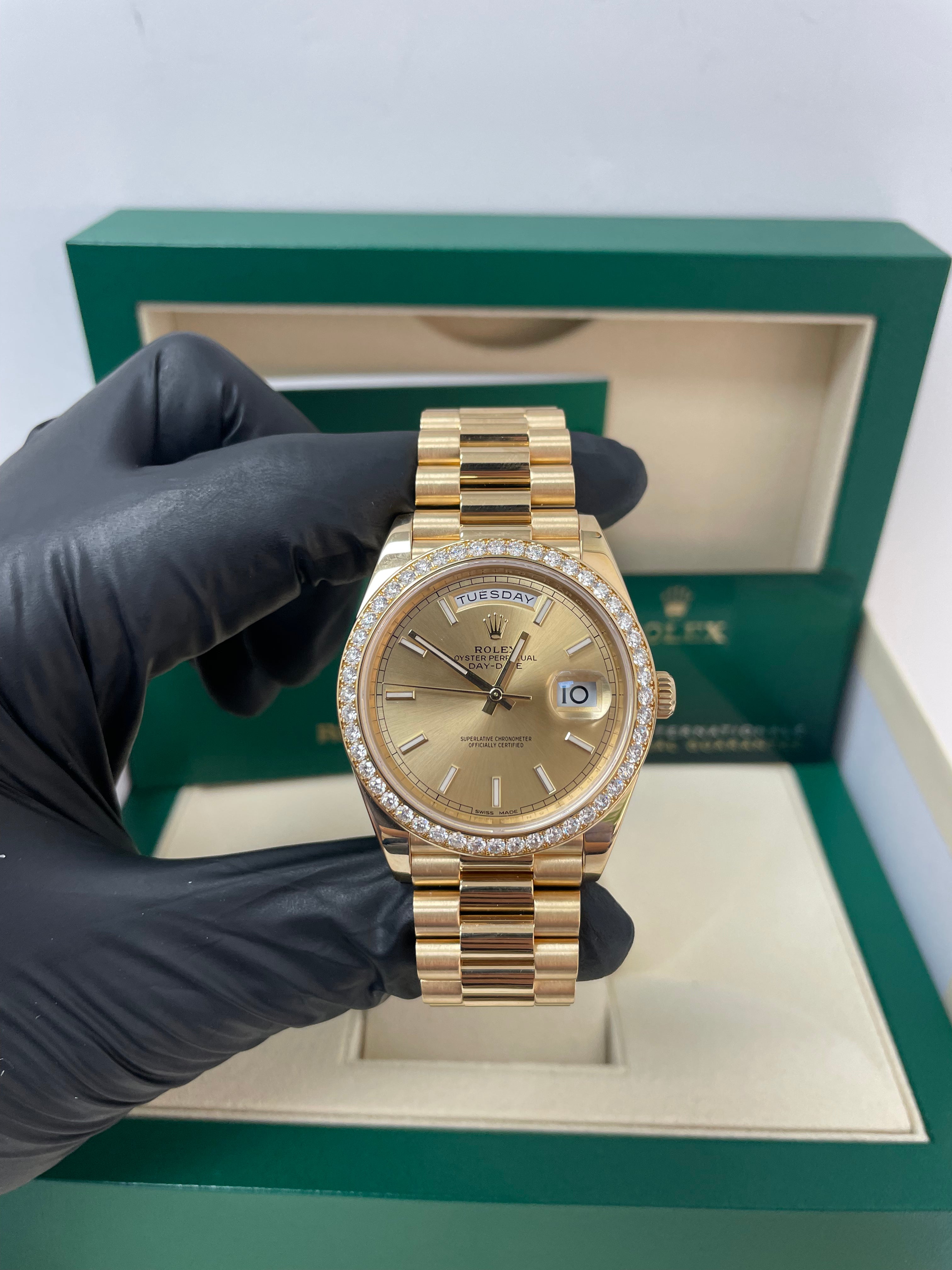 Rolex Yellow Gold Day-Date 40 Watch - Yellow Gold Bezel - Champagne Index Dial - President Bracelet ( Ref# 228348RBR)