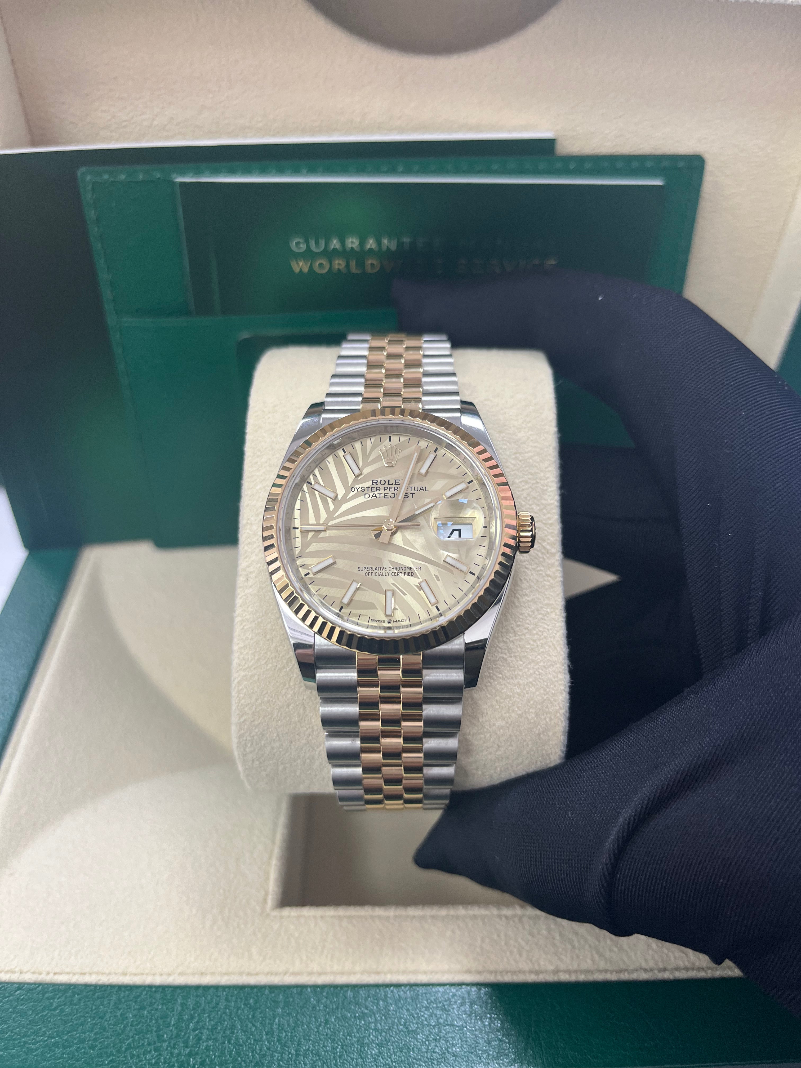 Rolex Datejust 36mm Steel and Yellow Gold Fluted Palm Dial Jubilee Bracelet (Ref# 126233)