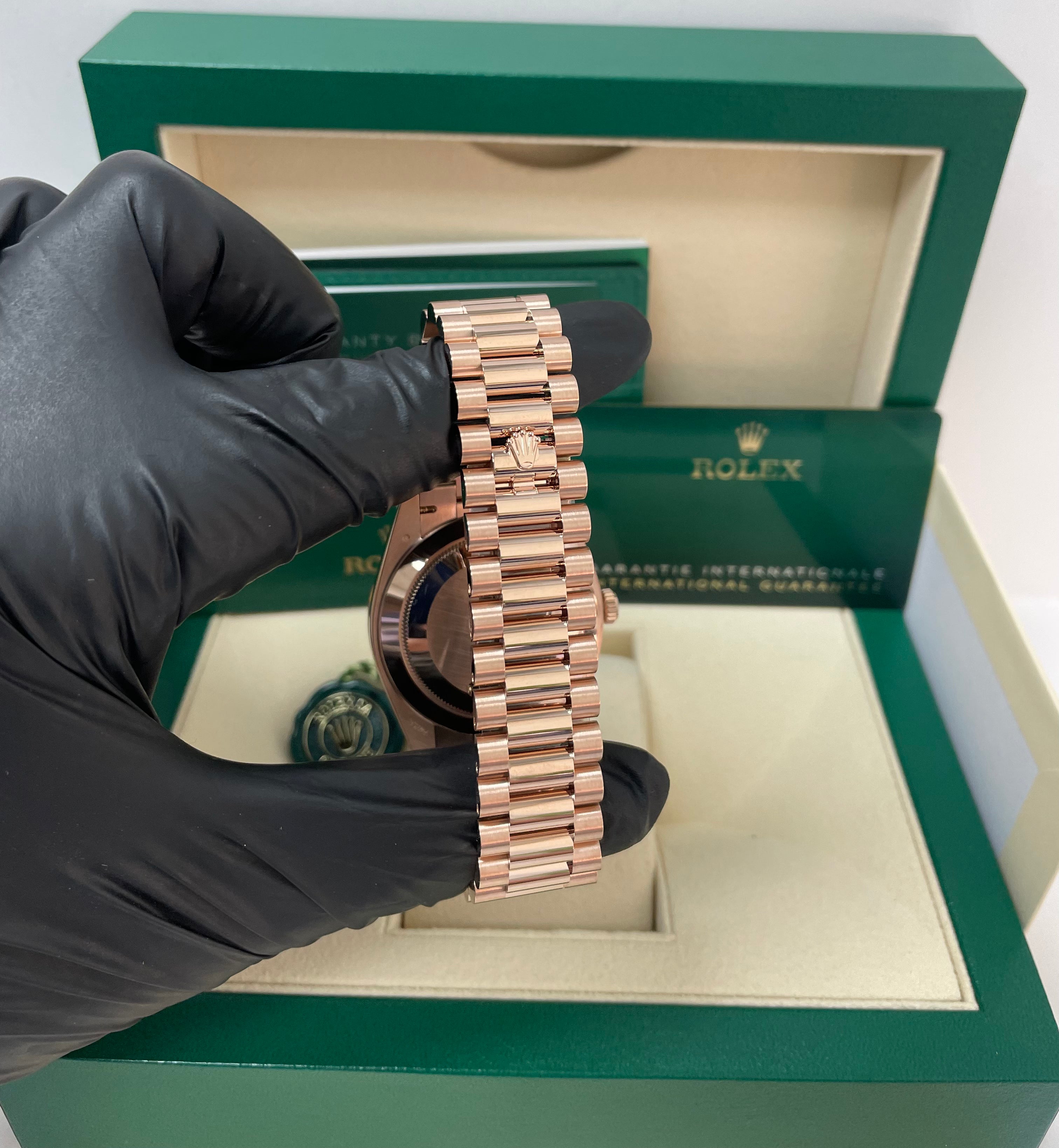 Rolex Everose Gold Day-Date 40 Watch - Everose Gold Bezel - Chocolate Baguette Diamond Dial - President Bracelet (REF#228345RBR)