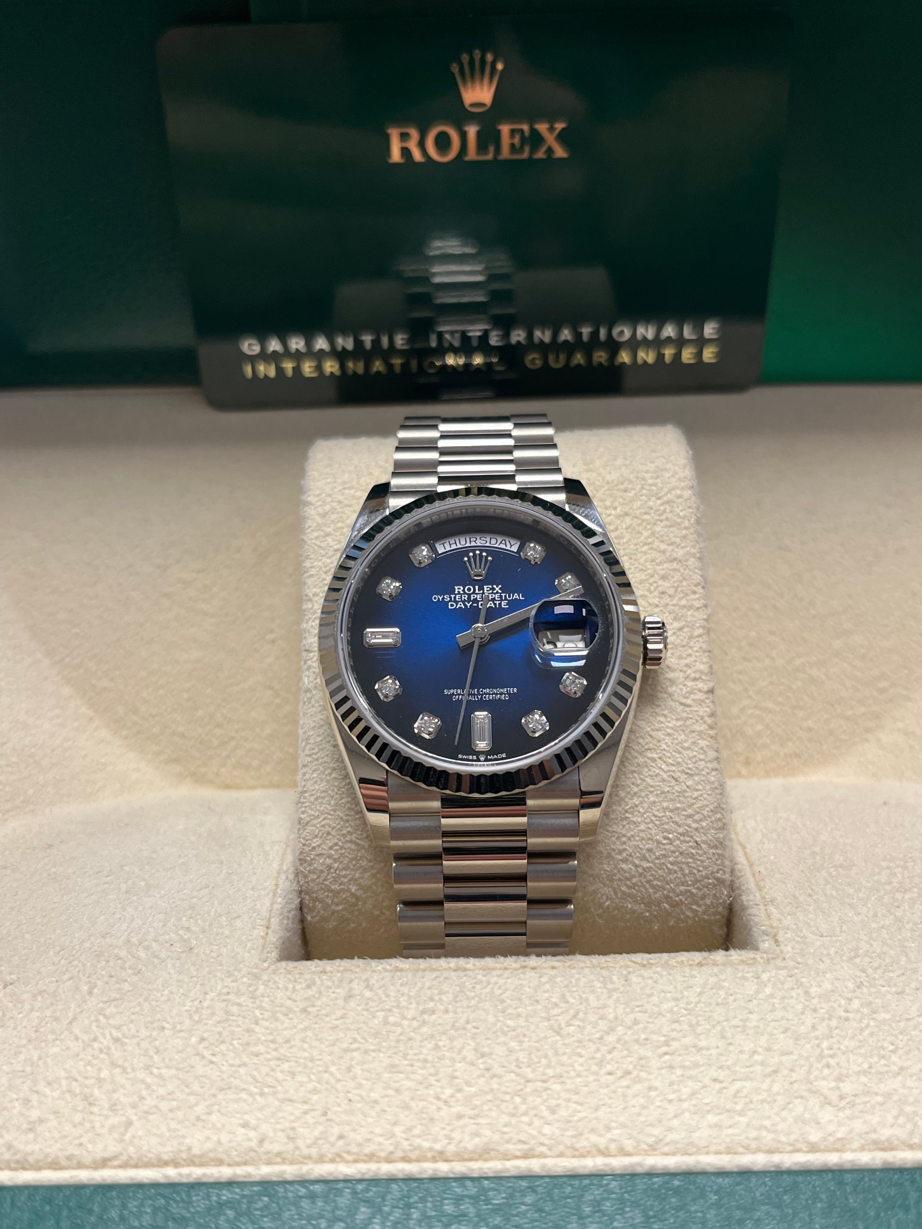 Rolex White Gold Day-Date 36 Watch - Fluted Bezel - Blue Ombre�� Diamond Dial - President Bracelet (Ref # 128239)