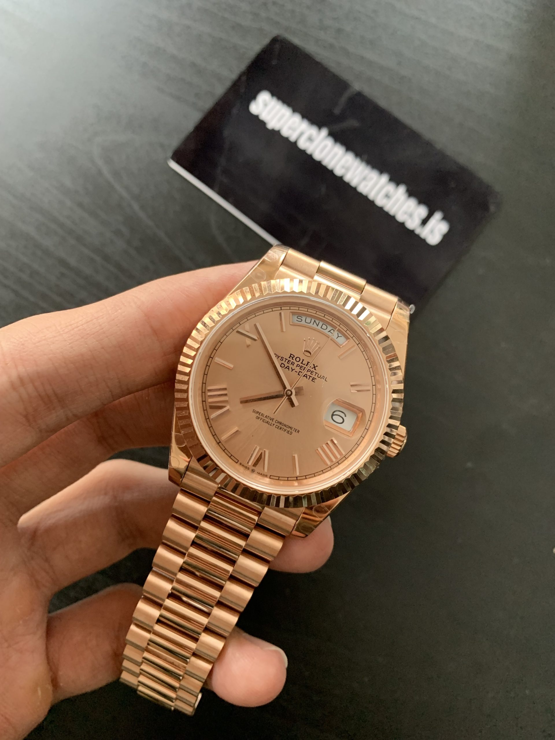 Clone Rolex Day Date 40 Rose Gold Sun Dust Dial