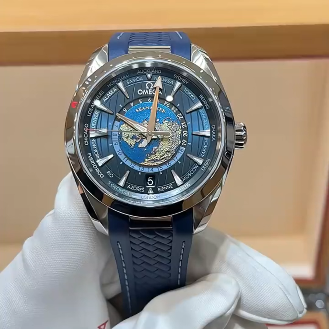 Omega Seamaster Aqua Terra World Time Automatic Chronometer Blue Dial Men's Watch