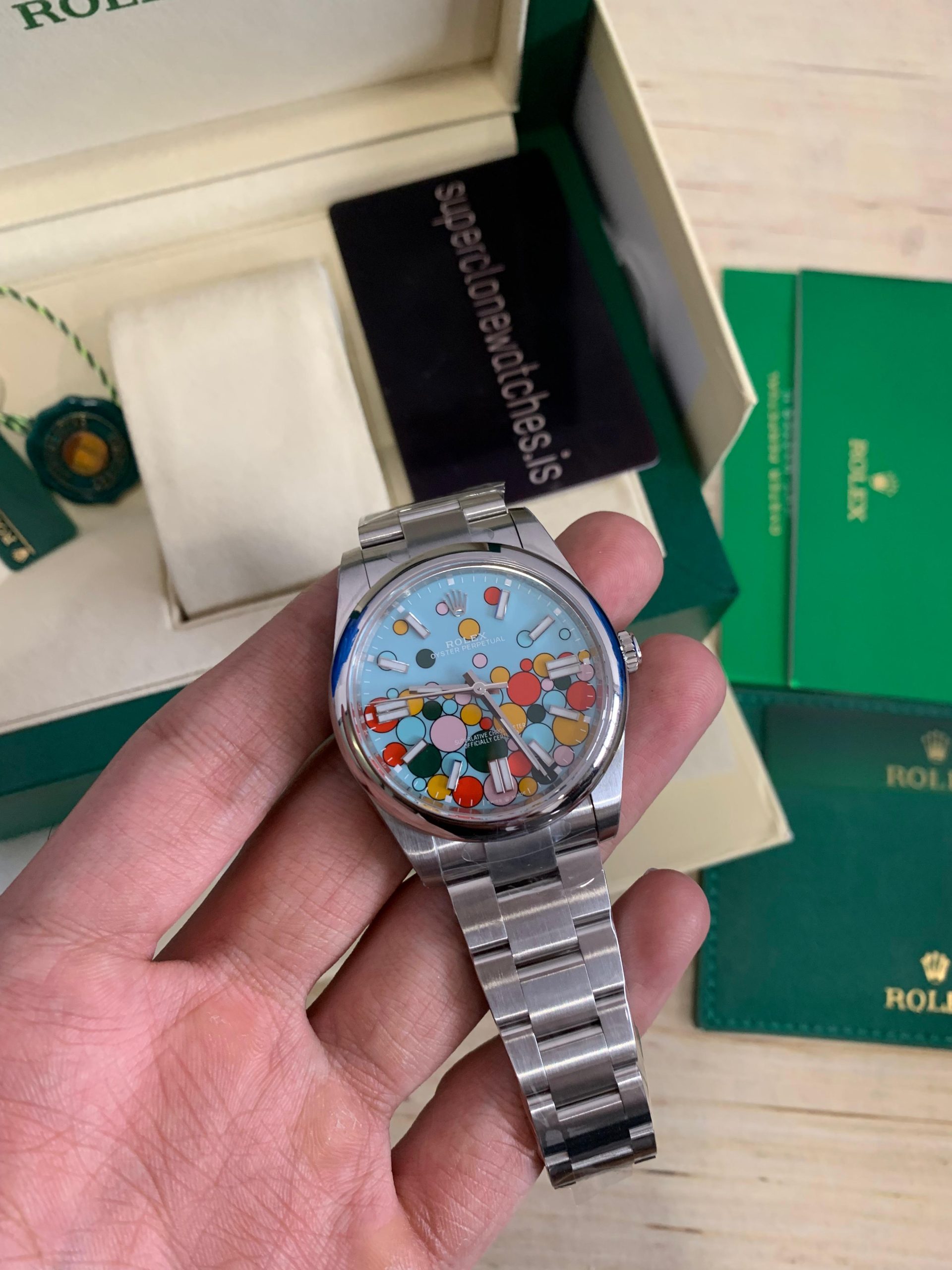Celebration Motif Dial Rolex Oyster Perpetual 41mm Turquoise Blue Dial Replica