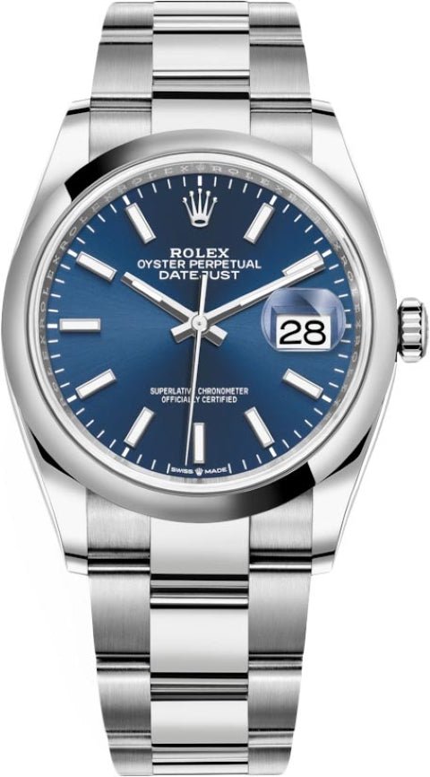 Rolex Steel Datejust 36/ Domed Bezel/ Blue Index Dial/Oyster Bracelet 126000