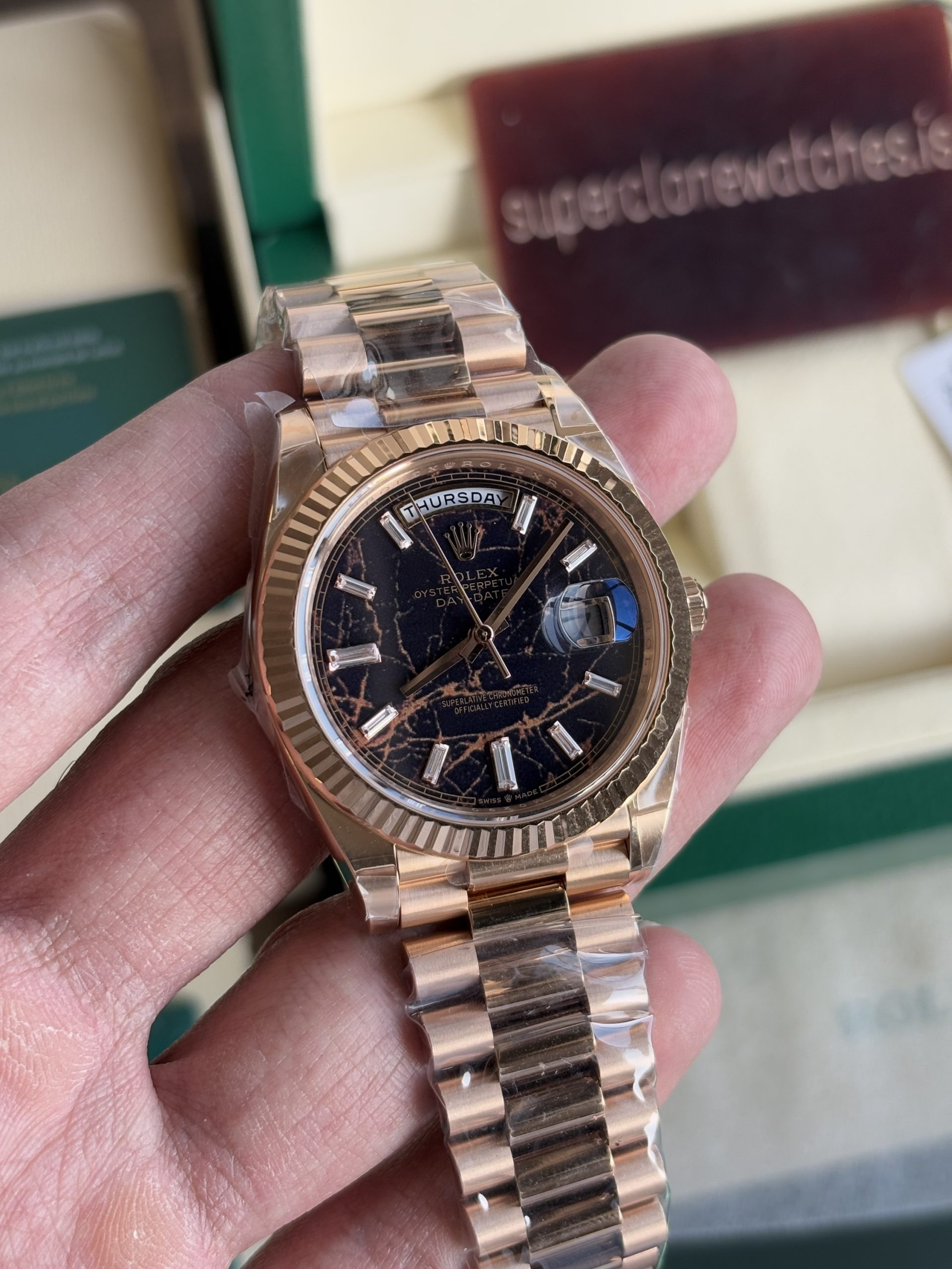 Rolex Day Date 40 Rose Gold Eisenkiesel Dial 3255 Movement