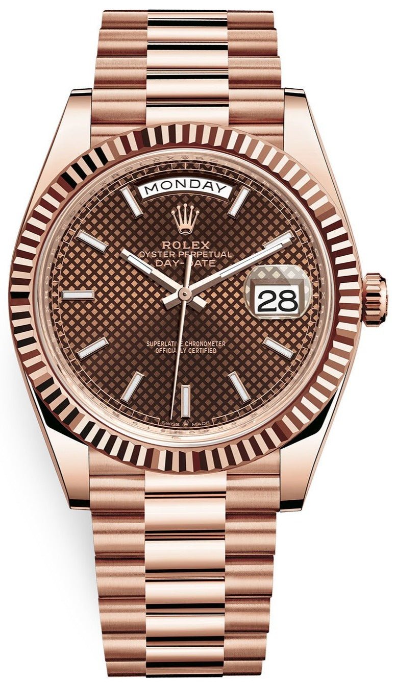 Rolex Day-date 40 Fluted Bezel Chocolate Diagonal Motif Index Dial President Bracelet (Ref # 228235)