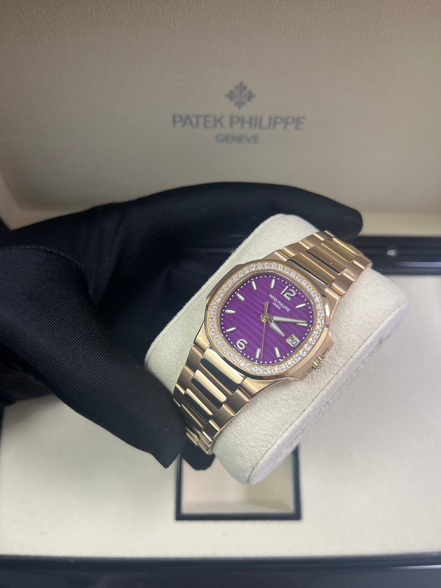 Patek Philippe Nautilus 32mm Diamond Bezel Rose Gold Purple Wave Dial 7010/1R-013