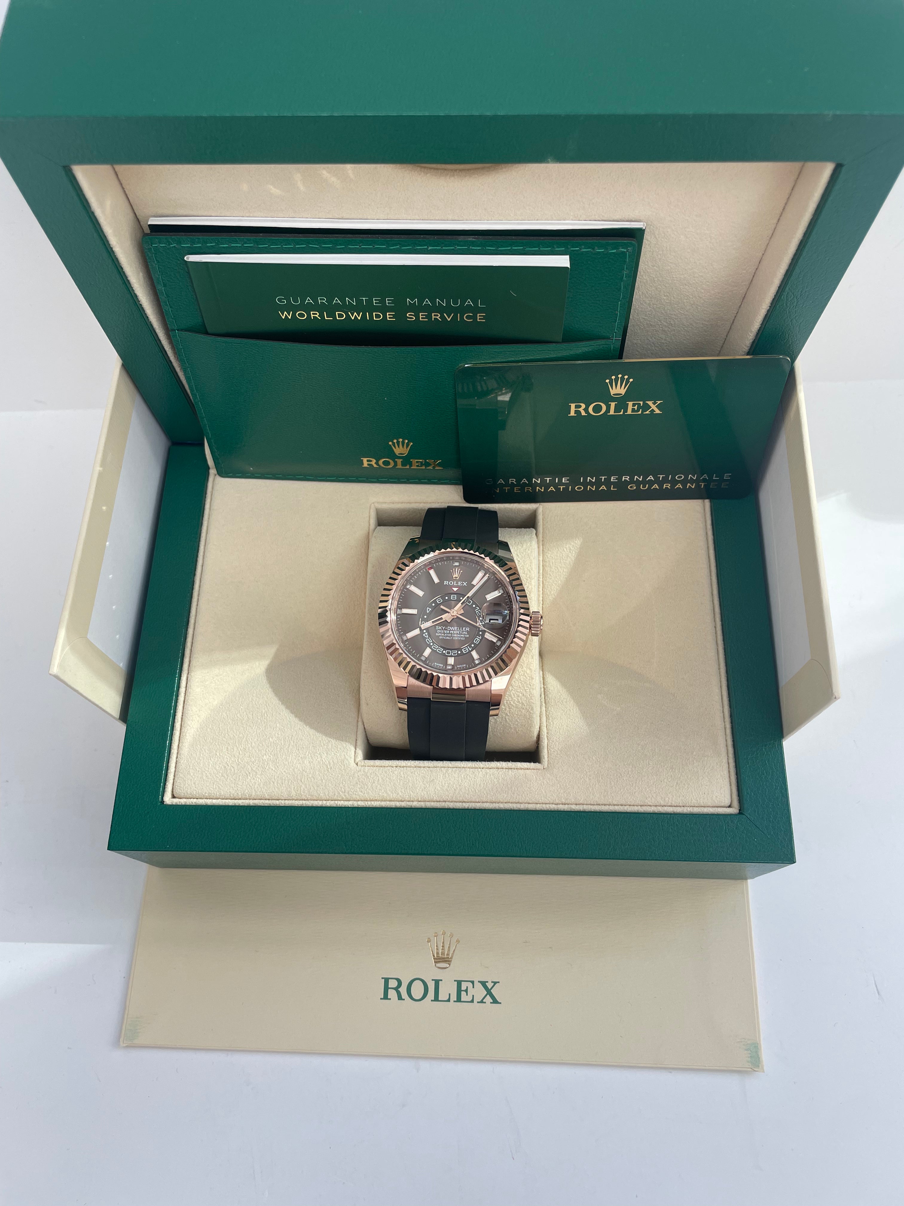 Rolex Sky-Dweller 42mm/ Rose Gold/ Chocolate Index Dial/ Oysterflex Bracelet (Ref # 326235)