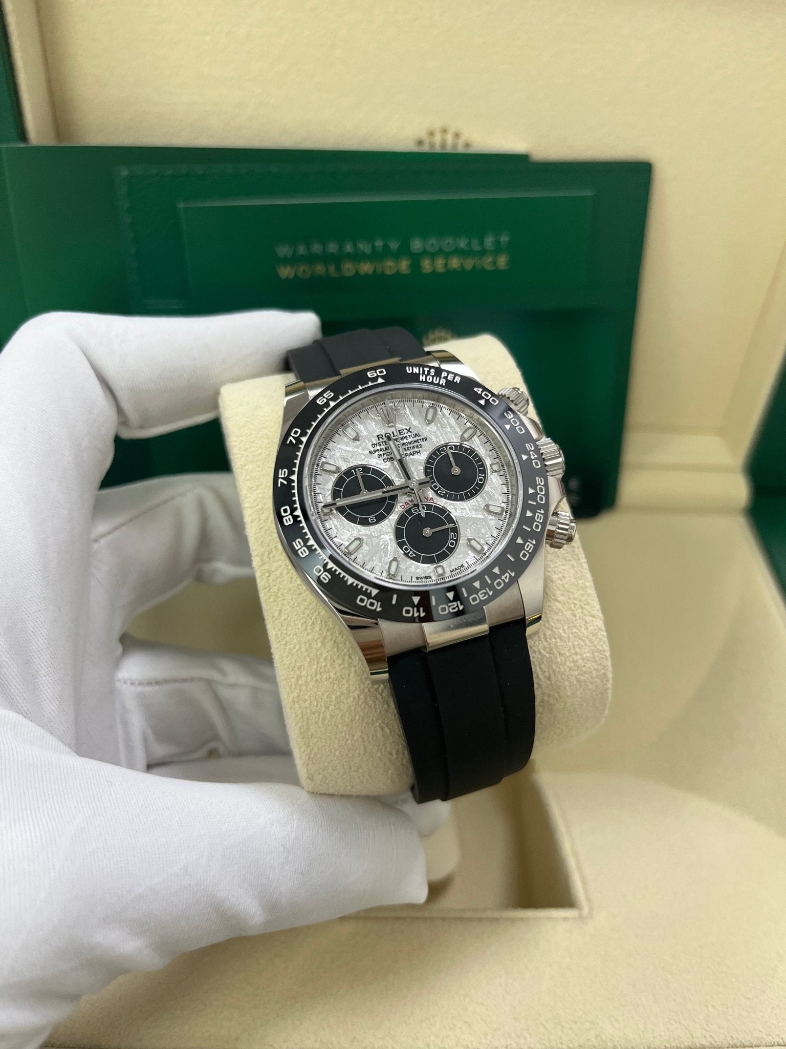 Rolex Daytona White Gold Daytona 40 Watch - Meteroite and Black Index Dial - Black Oysterflex 116519LN