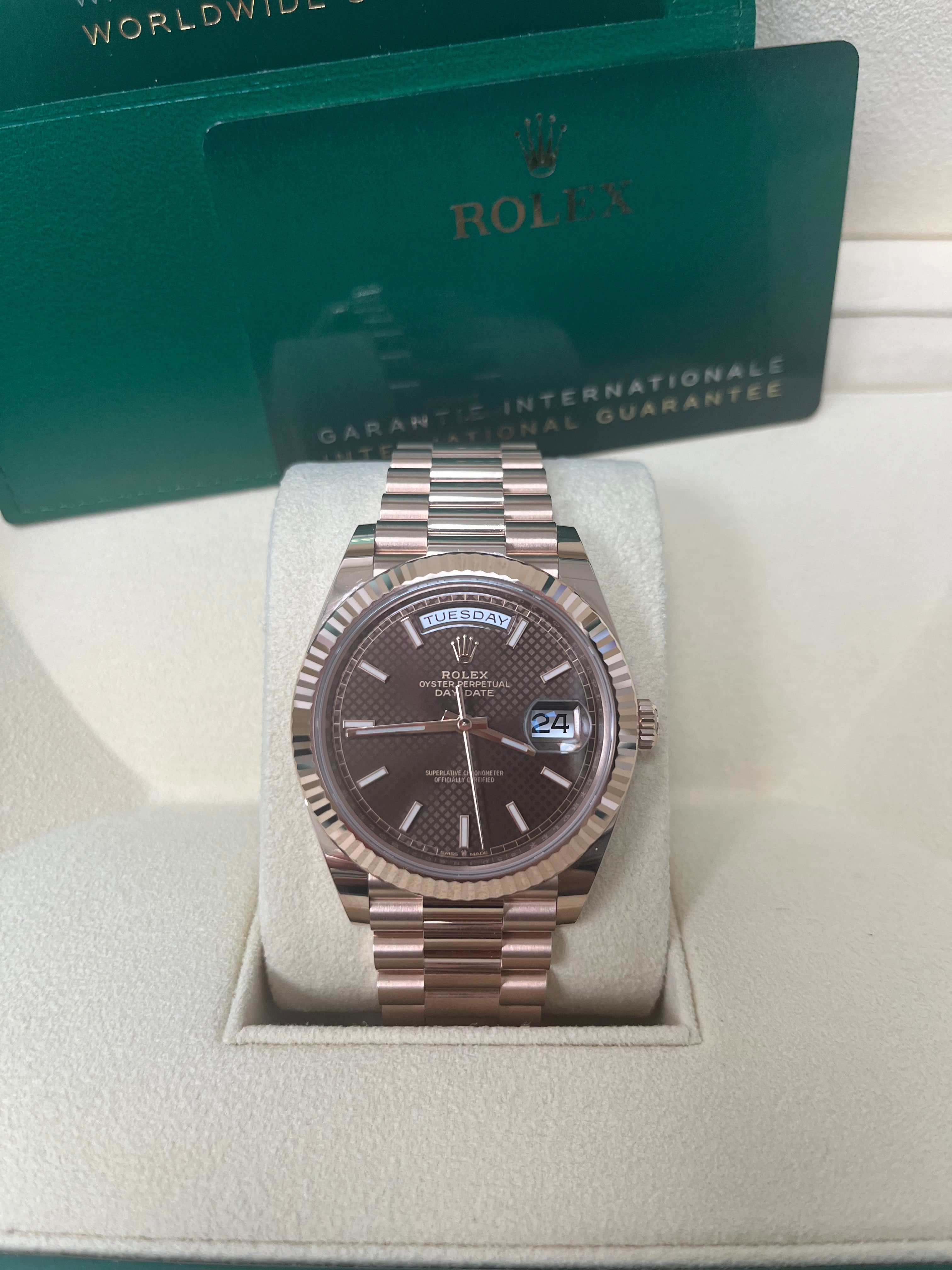 Rolex Day-date 40 Fluted Bezel Chocolate Diagonal Motif Index Dial President Bracelet (Ref # 228235)