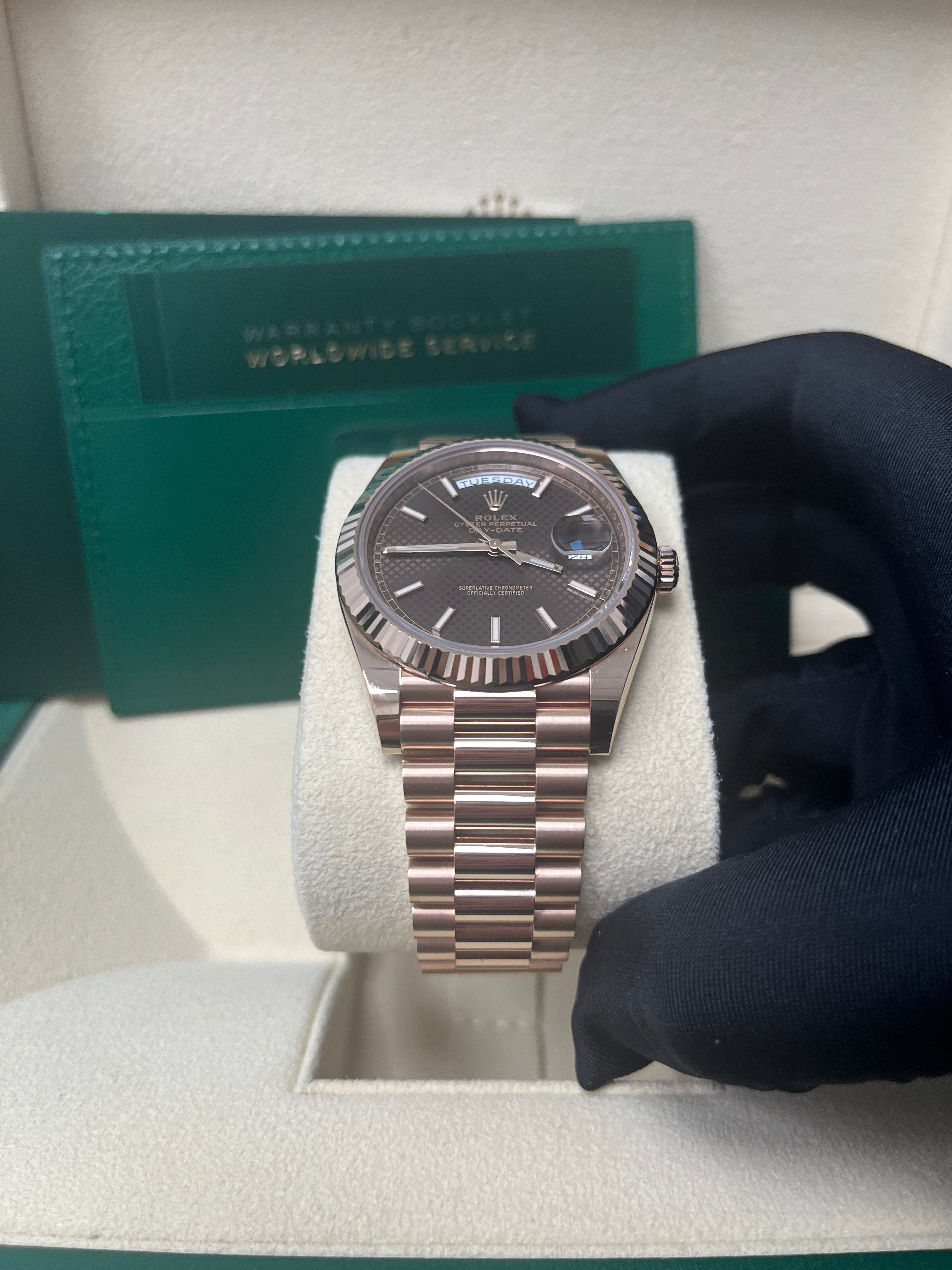 Rolex Day-date 40 Fluted Bezel Chocolate Diagonal Motif Index Dial President Bracelet (Ref # 228235)