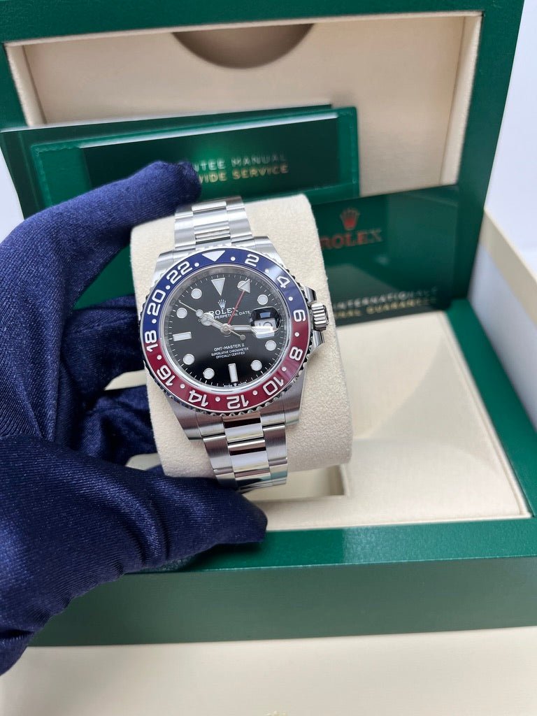 Rolex Steel GMT-Master II 40 Watch - Blue And Red Pepsi Bezel - Black Dial - Oyster Bracelet (Ref# 126710BLRO)