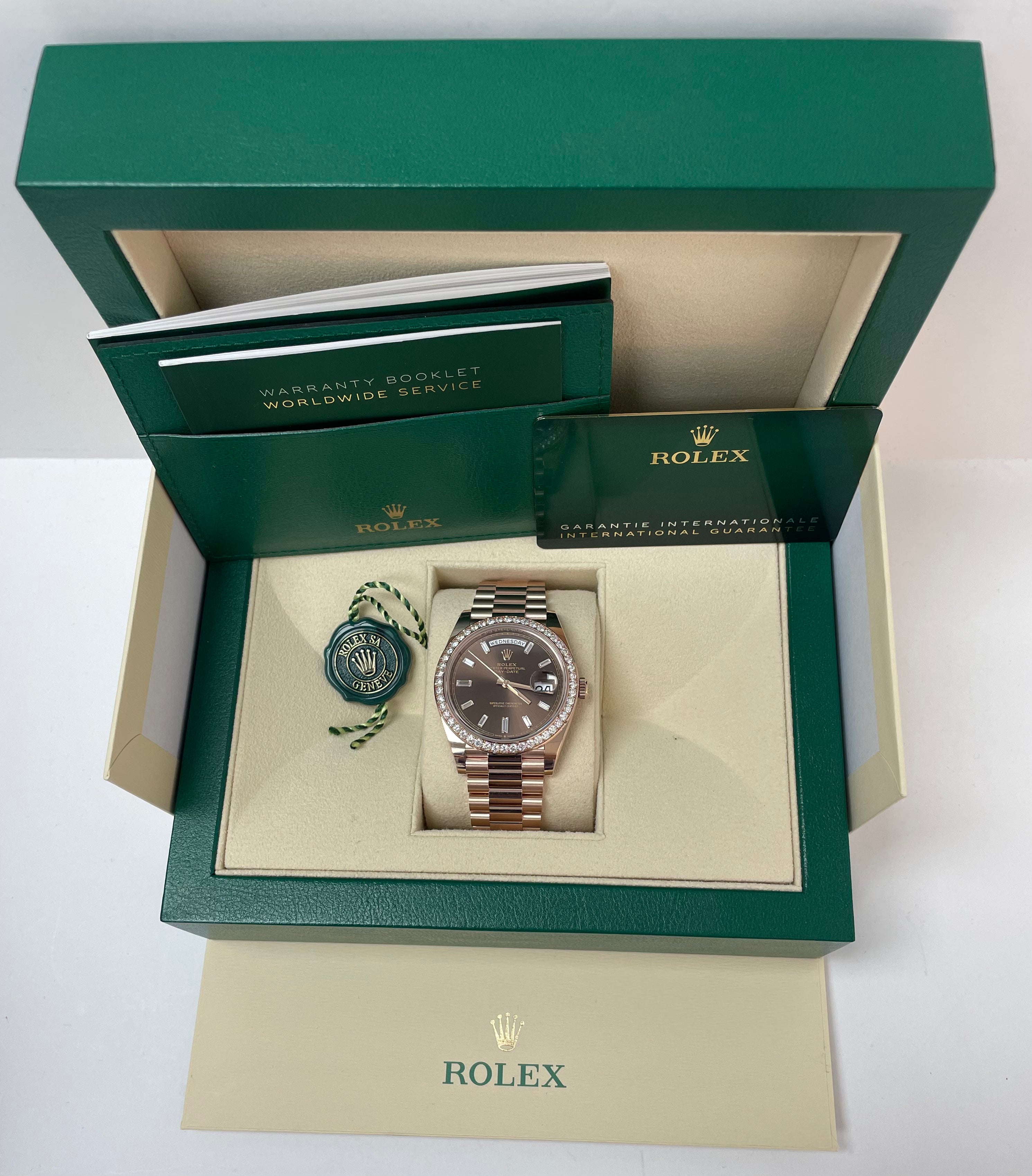 Rolex Everose Gold Day-Date 40 Watch - Everose Gold Bezel - Chocolate Baguette Diamond Dial - President Bracelet (REF#228345RBR)