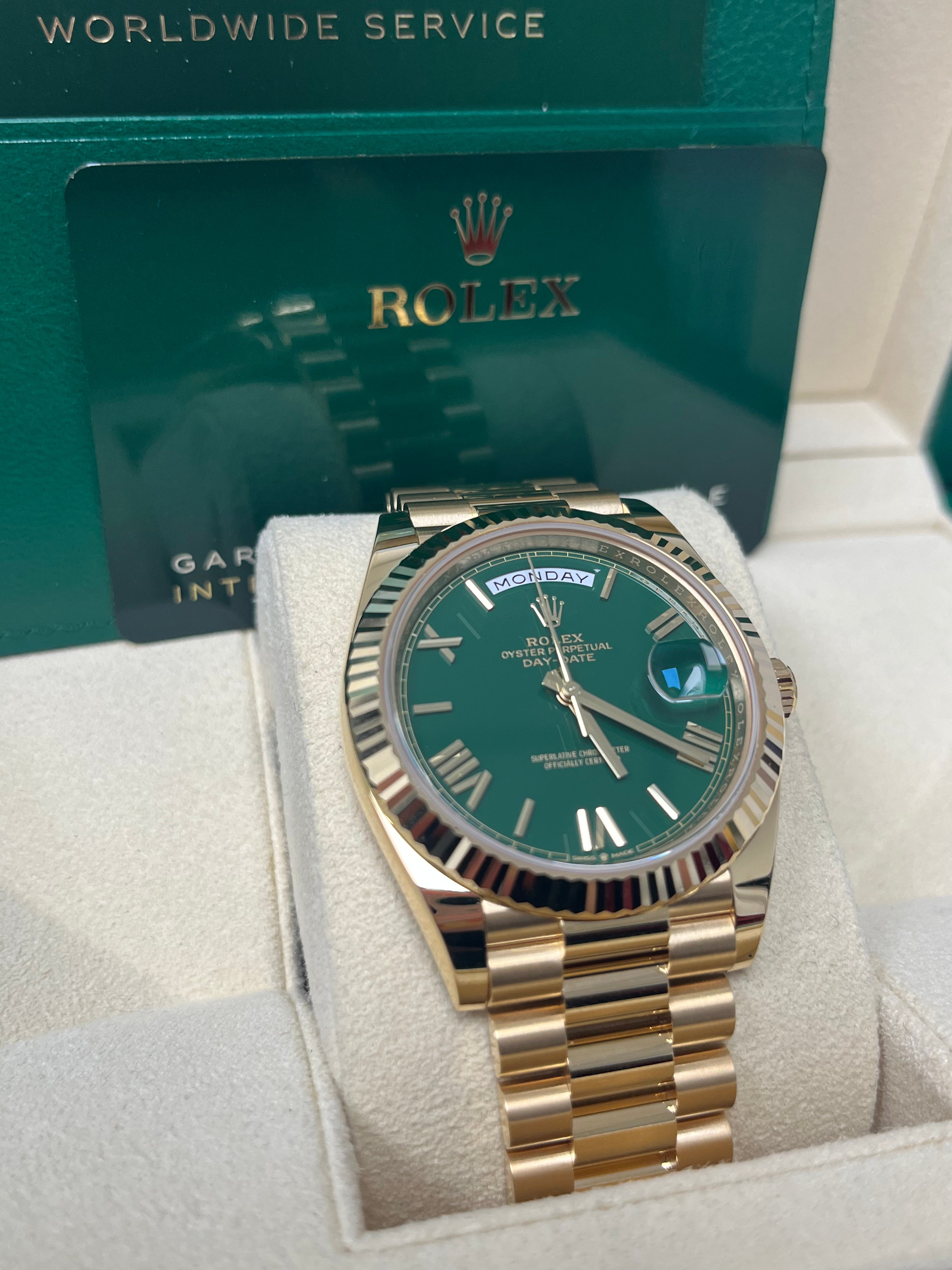 Rolex Day-Date 40 Yellow Gold Day-Date 40mm Reference 228238 Green Roman Dial New 2022 Release