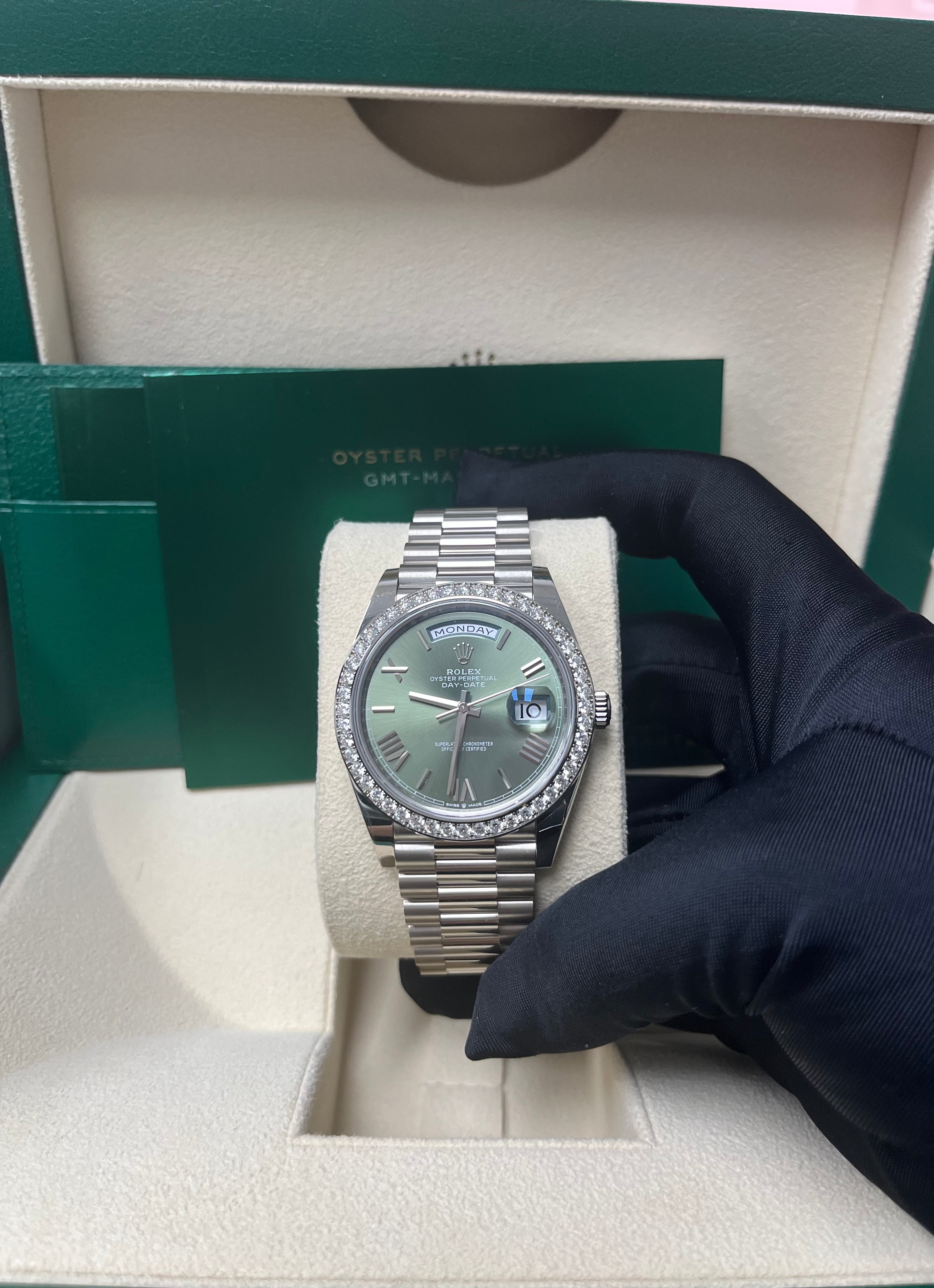 Rolex White Gold Day-Date 40 Watch - Bezel - Olive Green Bevelled Roman Dial - President Bracelet (Ref# 228349RBR)