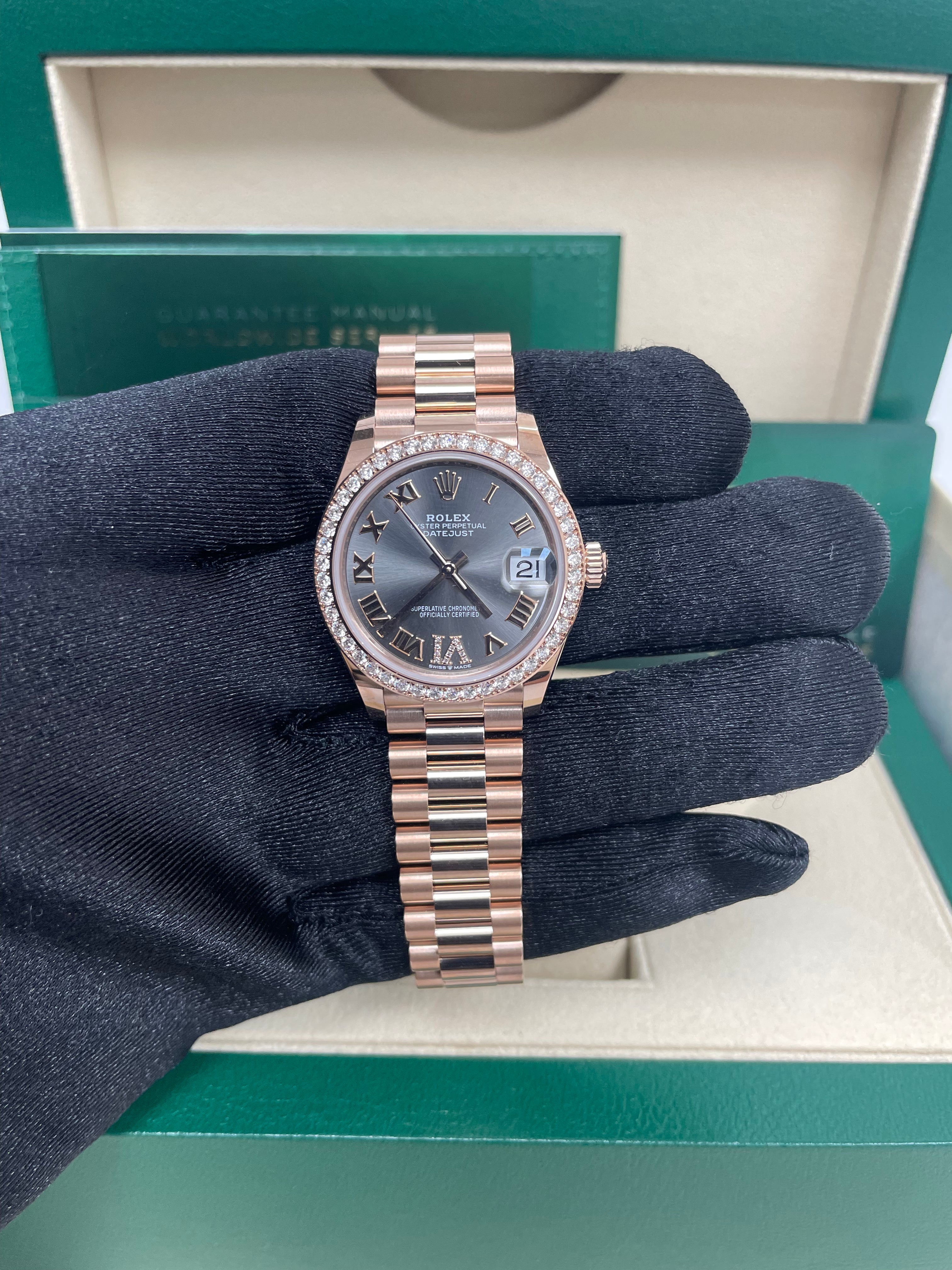 Rolex Everose Gold Datejust 31 Watch - Diamond Bezel - Rhodium Diamond Six Dial - President Bracelet (Reference # 278285RBR)
