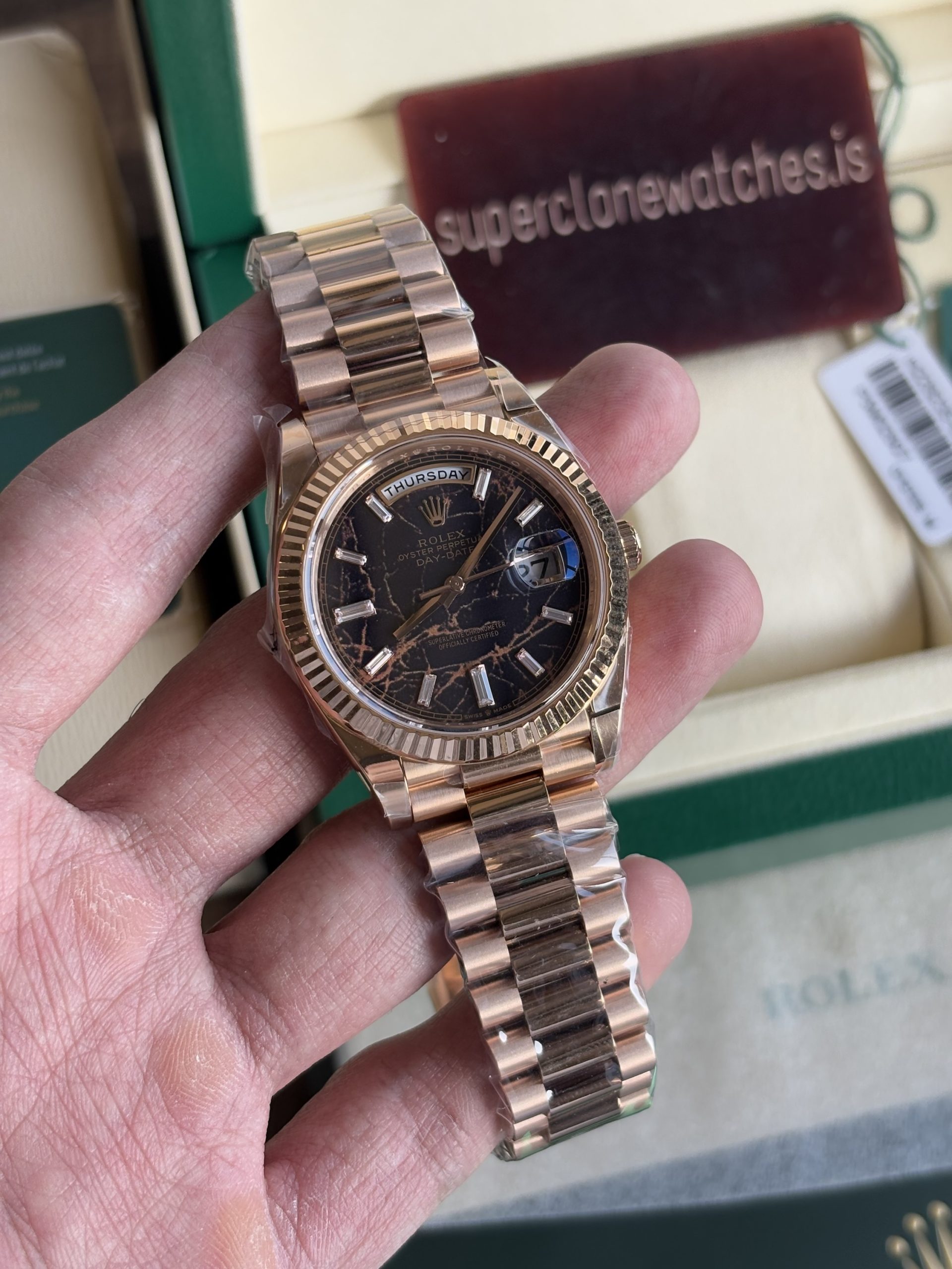 Rolex Day Date 40 Rose Gold Eisenkiesel Dial 3255 Movement