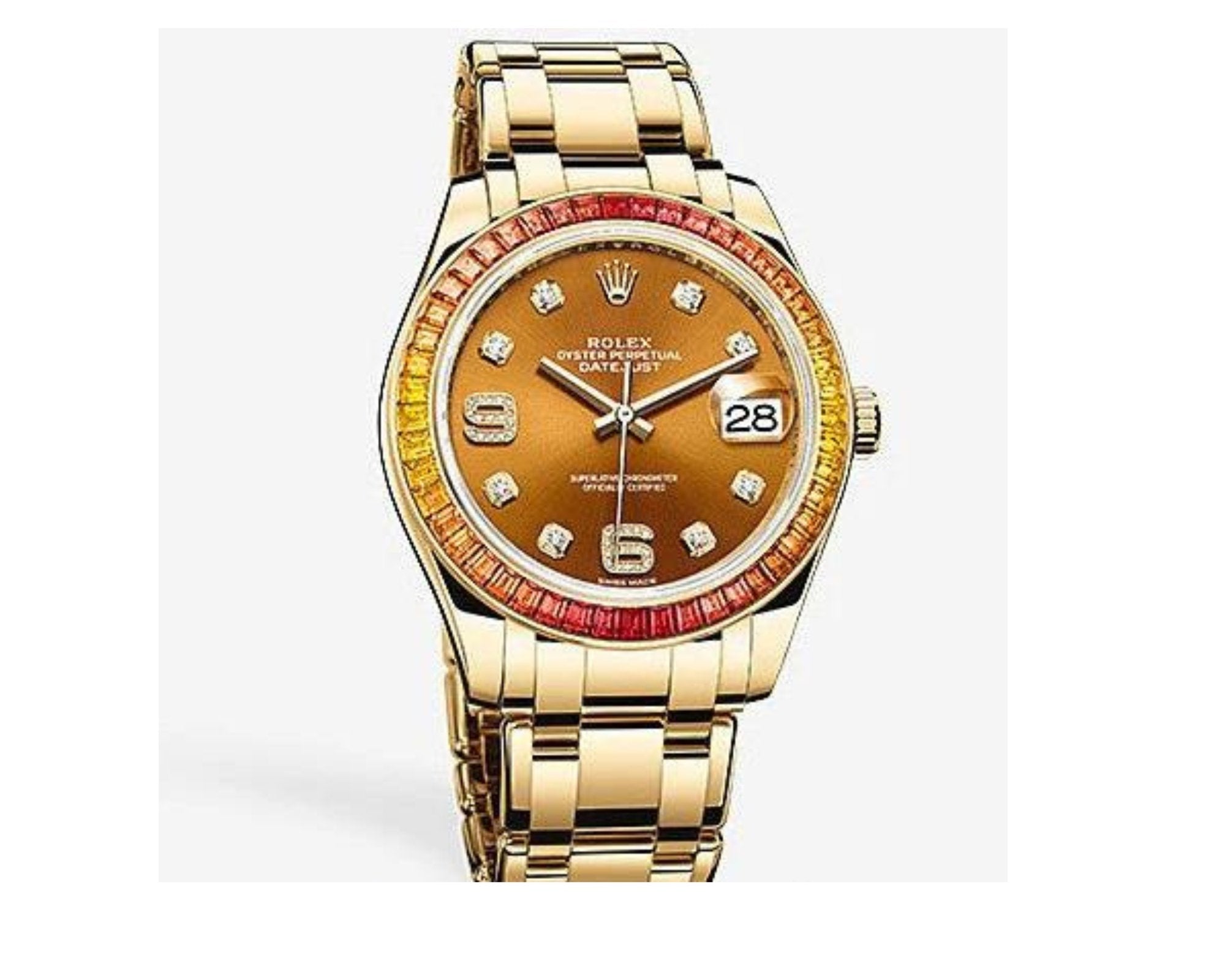 Rolex Yellow Gold Orange Diamond Dial and Diamond Bezel Pearlmaster Datejust (Reference # 86348SAJOR)