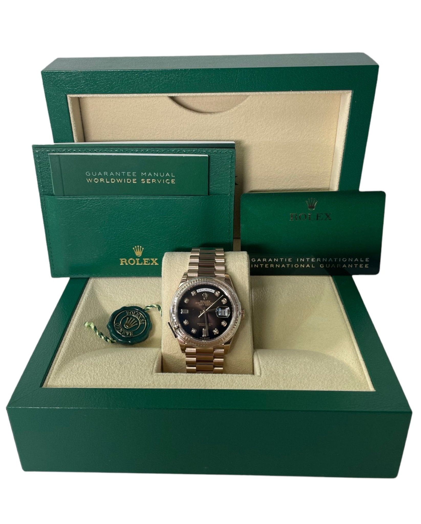 Rolex Everose Gold Day-Date 36 Watch - Fluted Bezel - Brown Ombre�� Diamond Dial - President Bracelet (Ref# 128235)